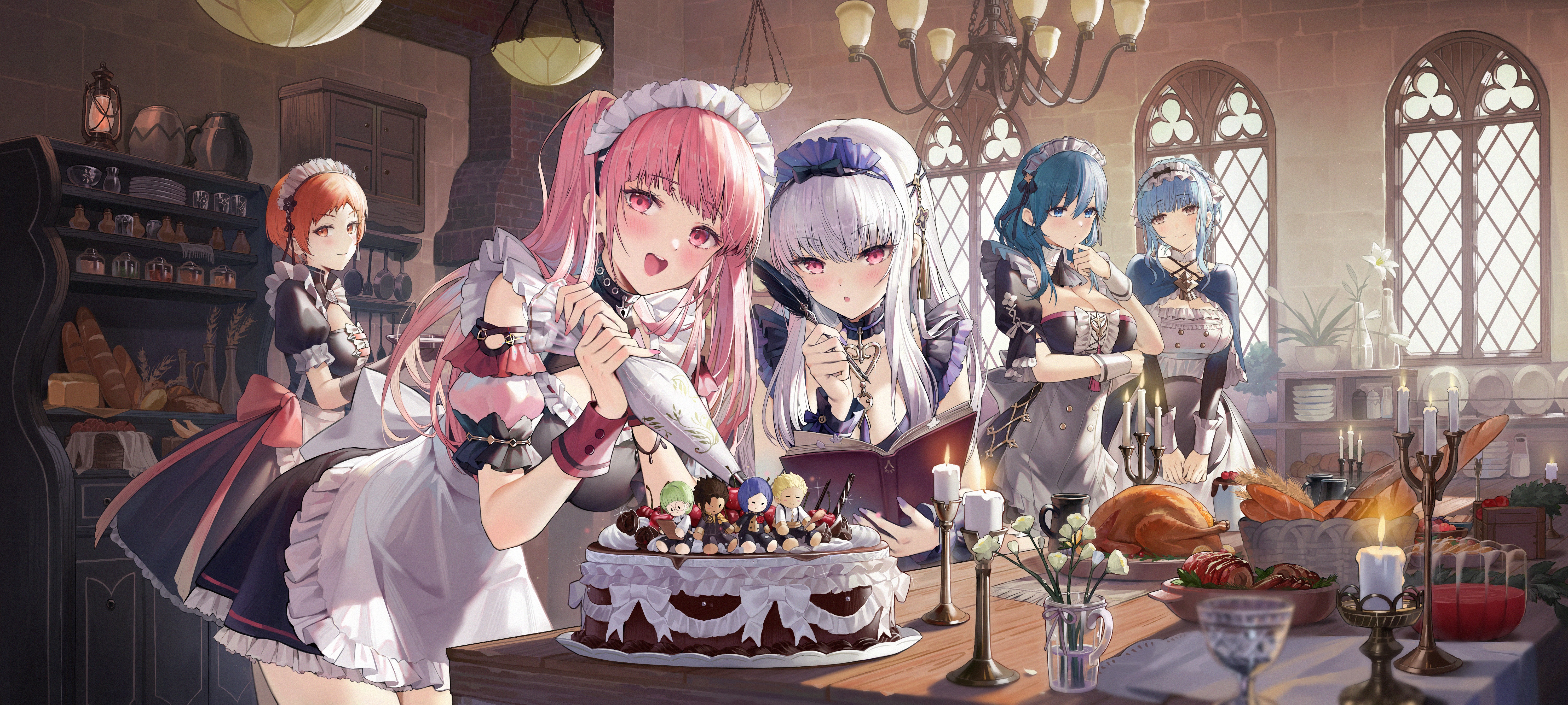 Anime 6000x2700 anime anime girls cake food sweets pink hair group of women candles open mouth long hair