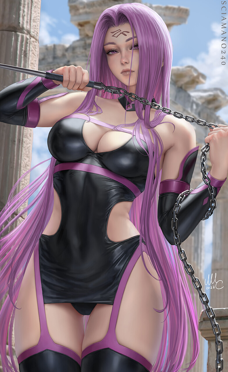 Anime 800x1306 Mirco Cabbia drawing women Fate/Grand Order Medusa (Fate/Grand Order) purple hair long hair black clothing leather chains purple eyes Hololive bunny ears blue hair