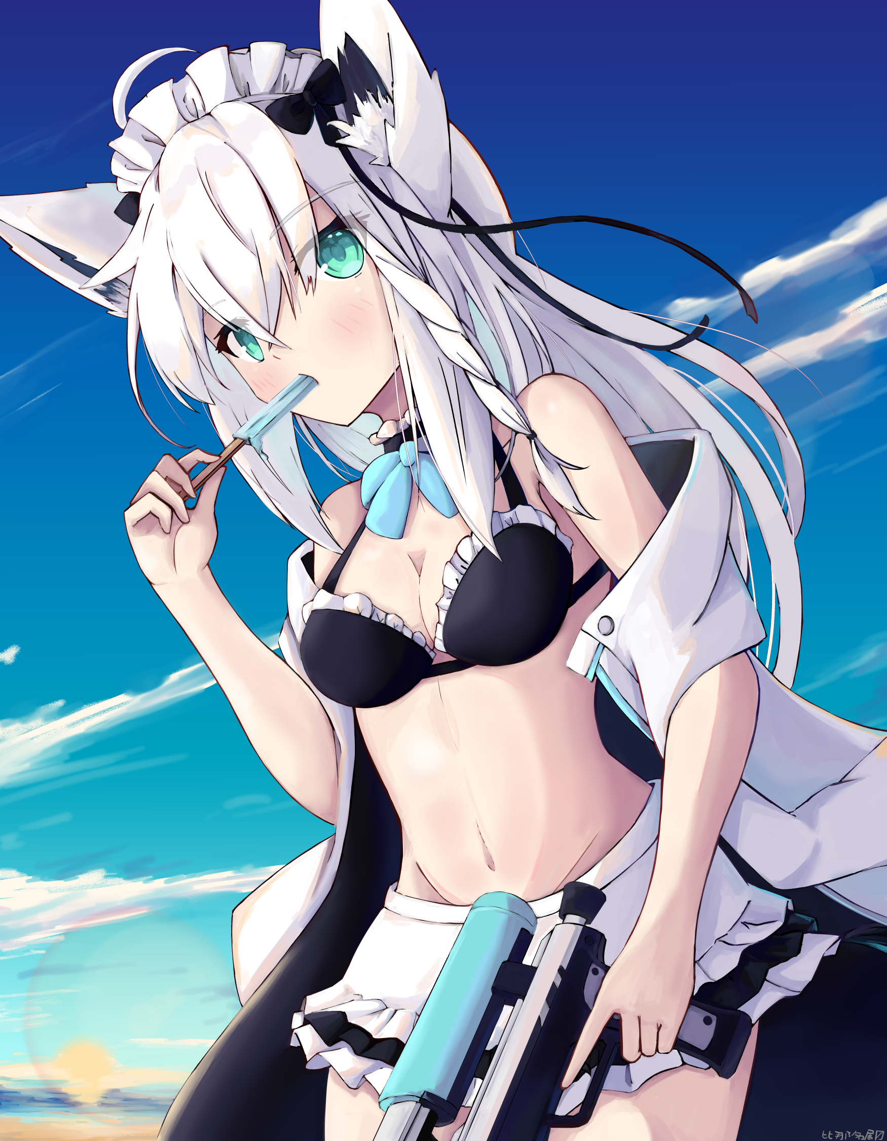 Anime 1750x2250 2D anime anime girls digital art looking at viewer ecchi Pixiv belly belly button clear sky beach maid outfit bikini