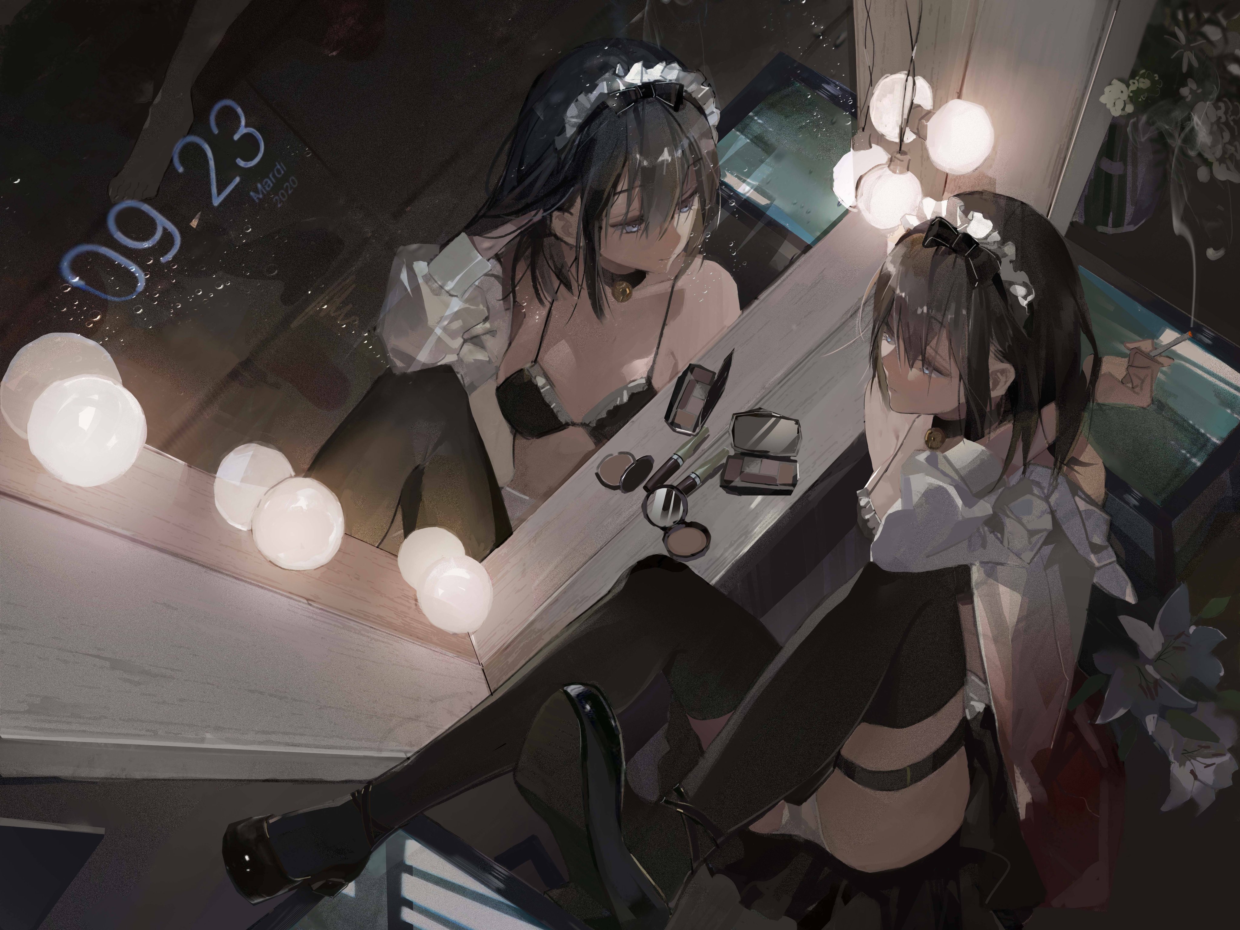 Anime 4096x3072 Songruan artwork anime girls smoking mirror maid outfit maid bikini