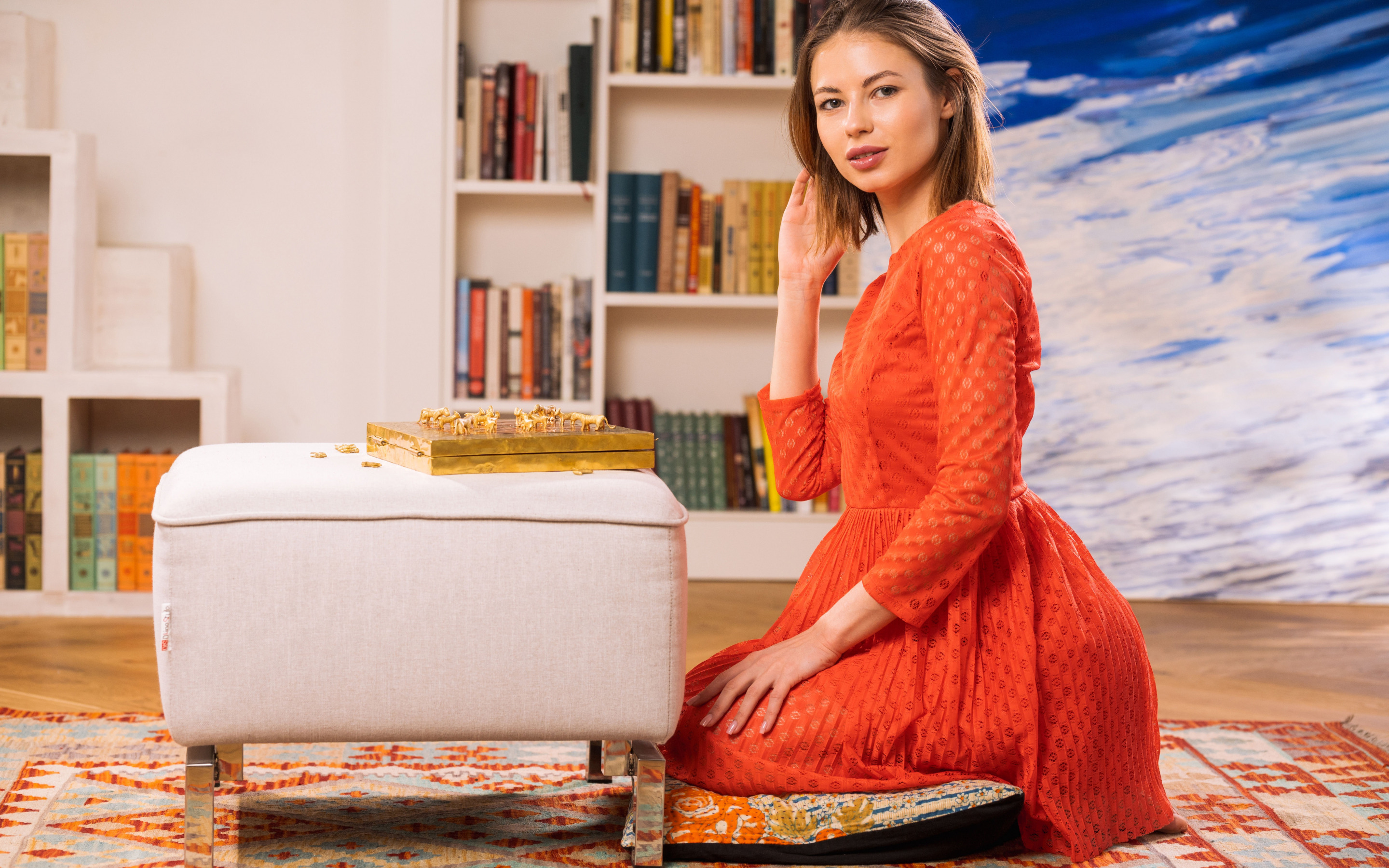 People 2880x1800 model women red lipstick red dress sitting hand(s) in hair women indoors Viktoriia Aliko