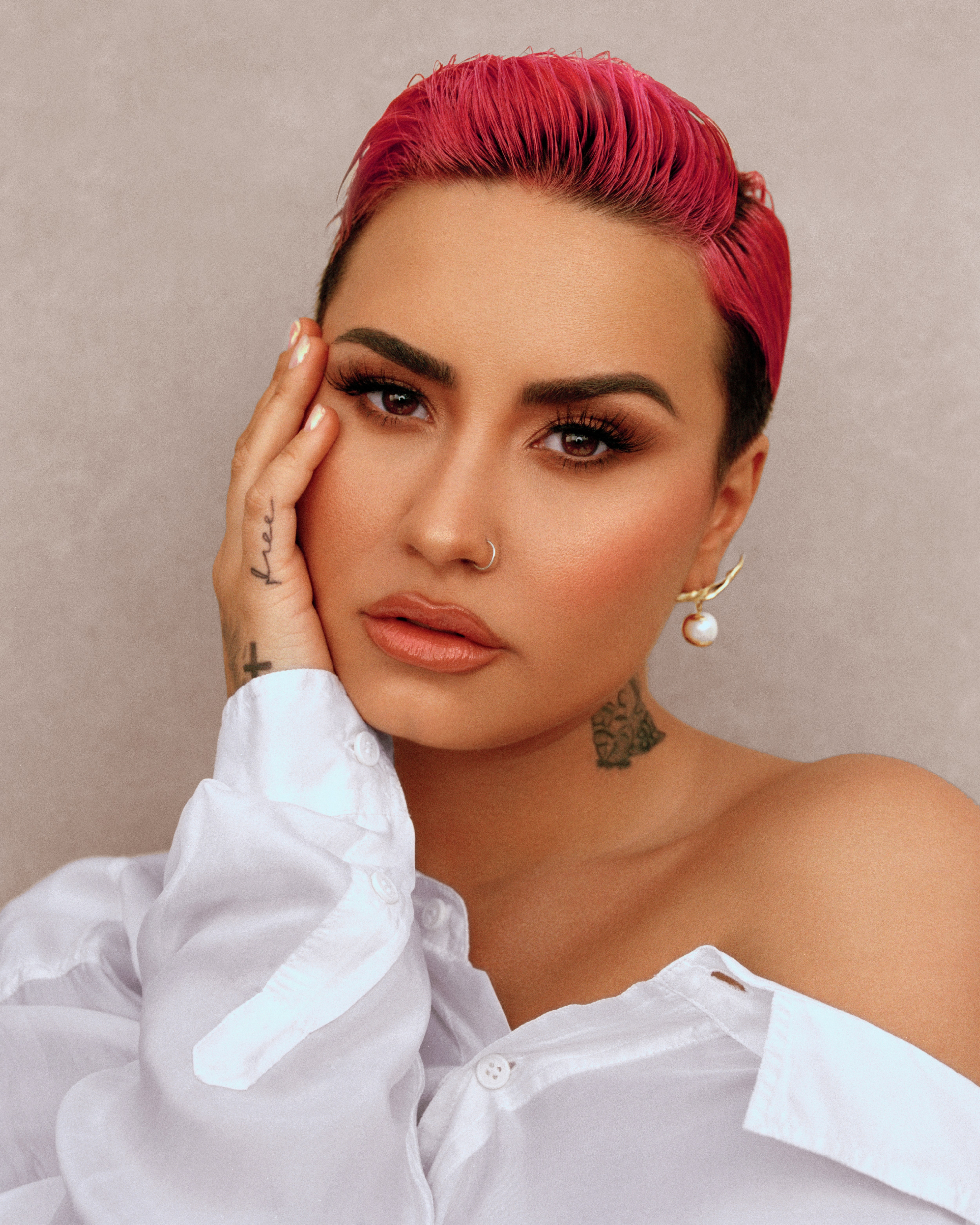People 5000x6250 Demi Lovato women pink hair dyed hair celebrity singer looking at viewer bare shoulders tattoo inked girls