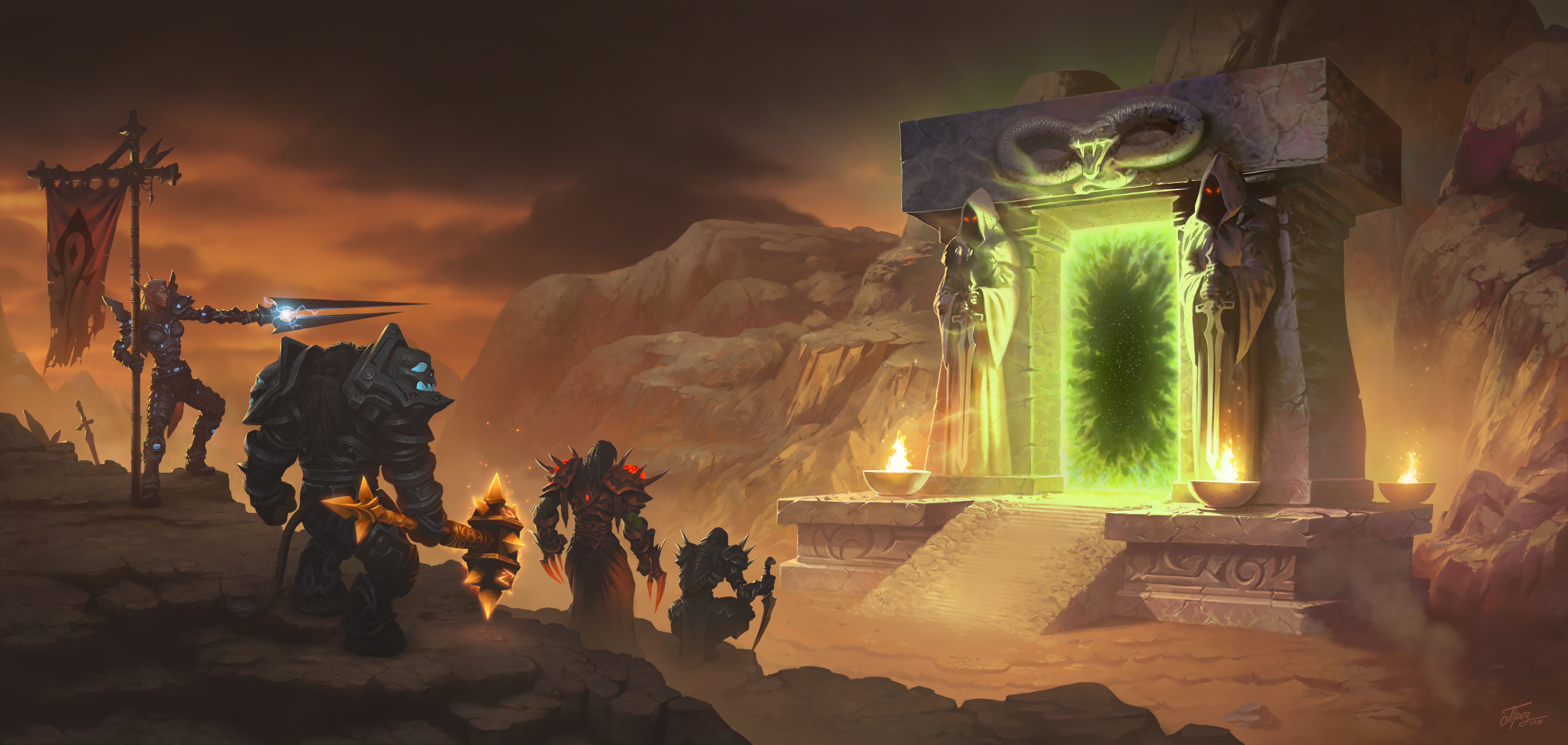 General 6840x3251 World of Warcraft World of Warcraft: Classic Dark Portal World of Warcraft: The Burning Crusade Alliance horde digital art video games watermarked 2021 (year)