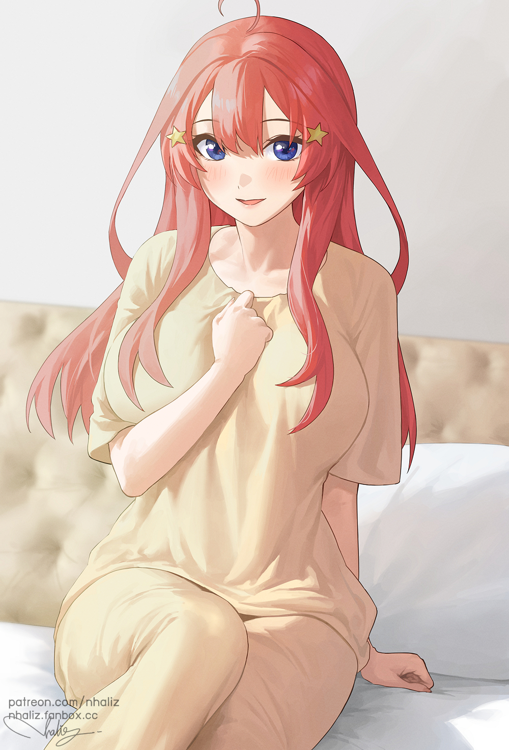 Anime 1000x1474 5-toubun no Hanayome pyjamas in bed short sleeves blushing open mouth smiling ahoge thighs sitting bangs anime girls Nakano Itsuki artwork anime nhaliz