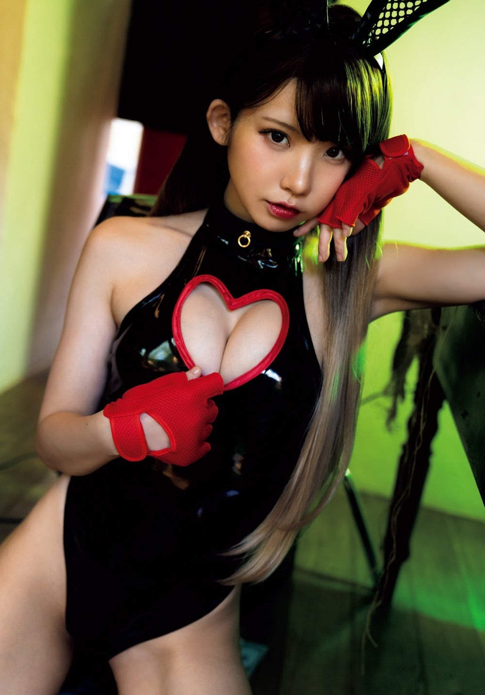 People 1000x1434 Enako Rin Japanese women women Asian cleavage bunny suit bunny girl leather clothing PVC