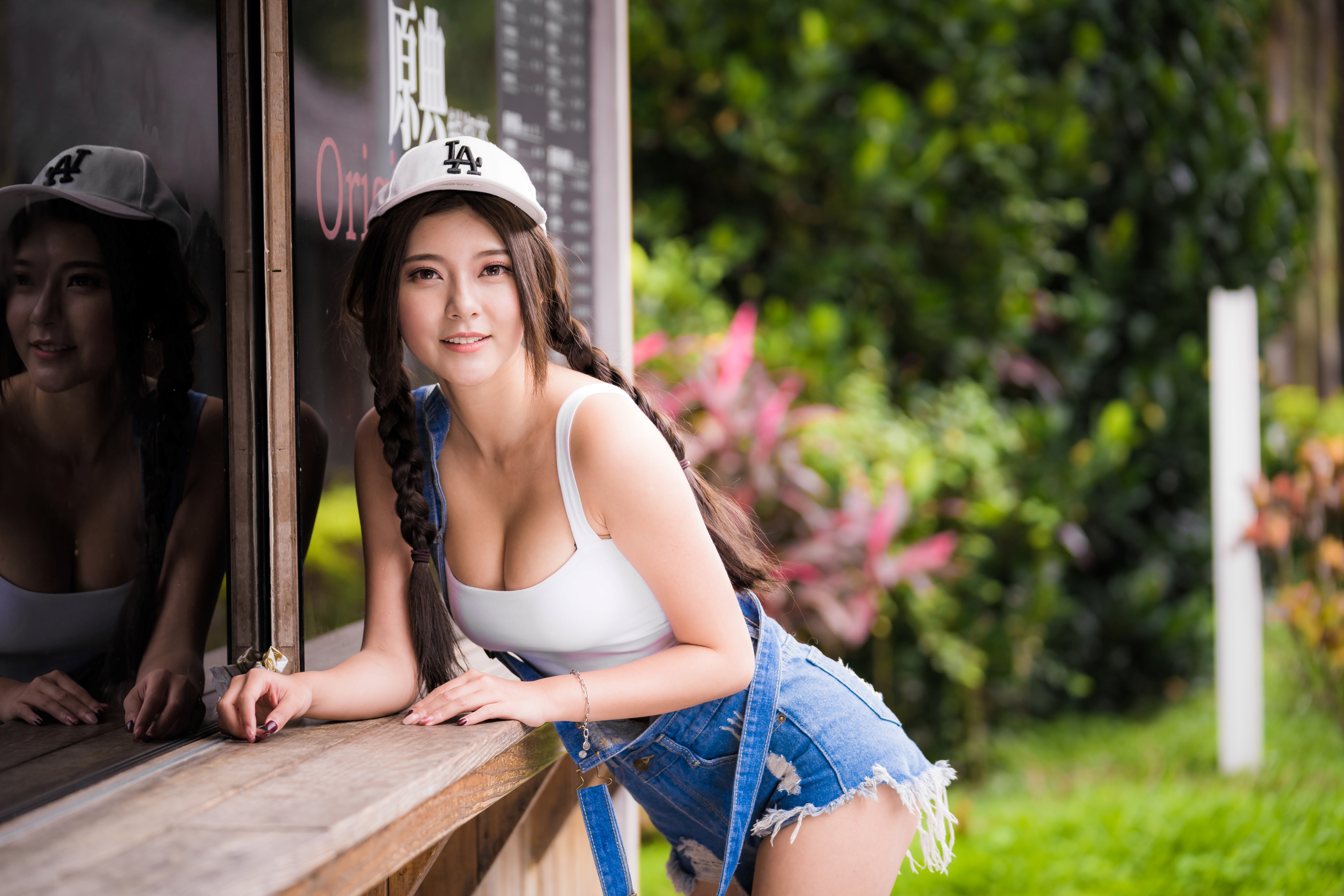 People 5000x3333 women model Asian brunette baseball cap braids cleavage white tops overalls torn clothes denim depth of field looking at viewer smiling reflection outdoors women outdoors