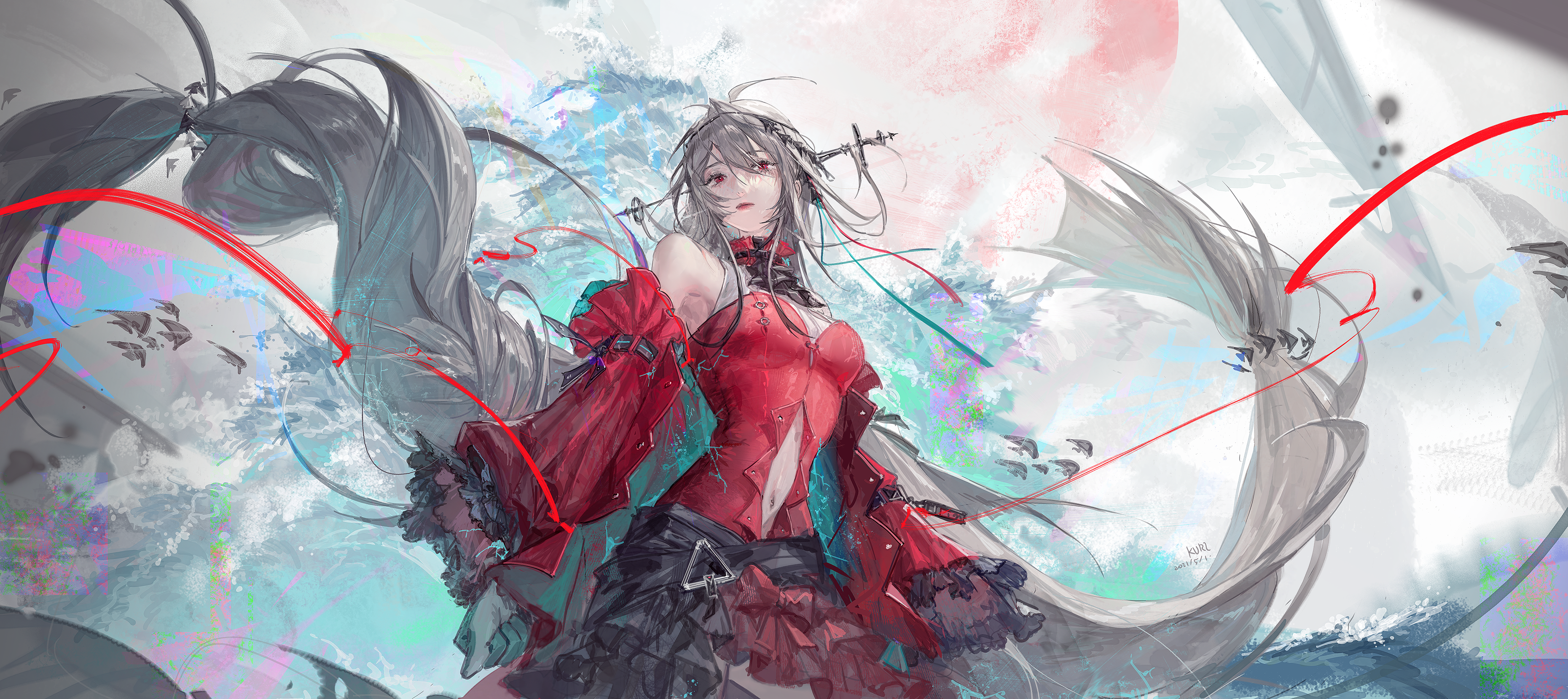 Anime 3720x1659 anime anime girls Arknights Skadi(Arknights) blonde long hair red dress clouds red eyes ribbon looking at viewer