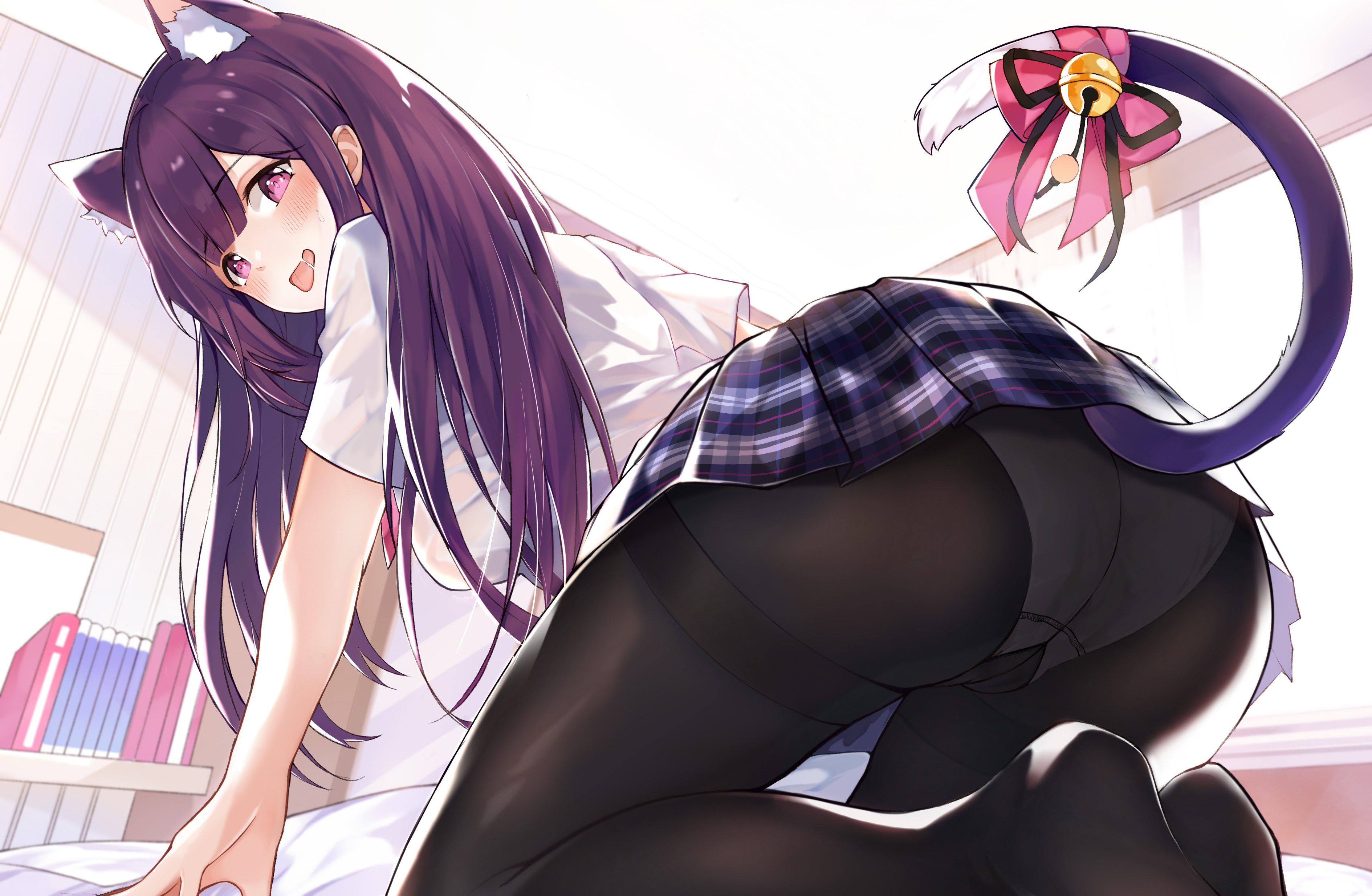 Anime 3779x2467 anime girls cat girl ass panties long hair purple hair pink eyes kneeling pantyhose bent over animal ears tail Melantha(Arknights) Arknights