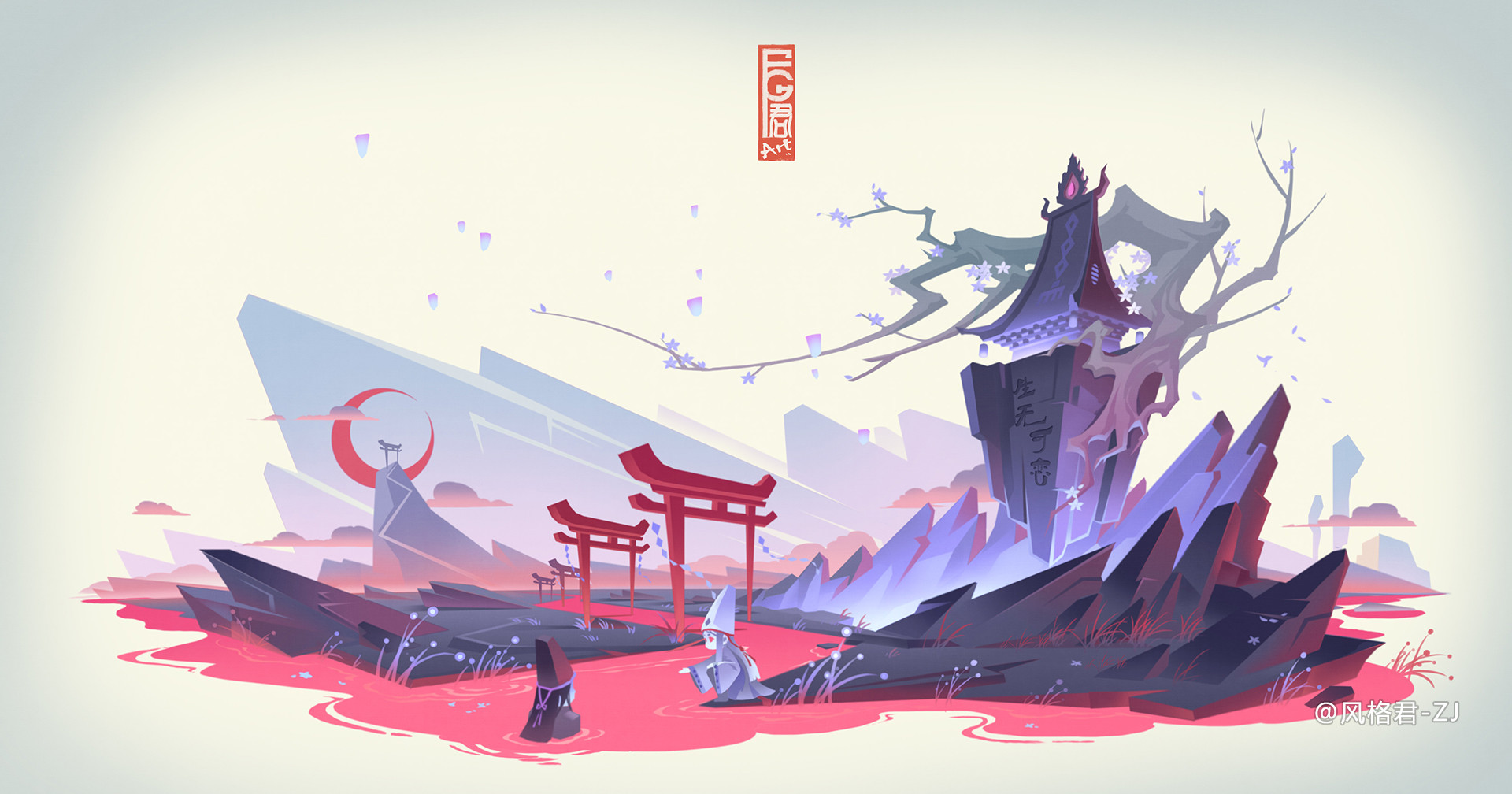 General 1920x1008 Jun Zhang Asian architecture white background digital art river Moon crescent moon clouds