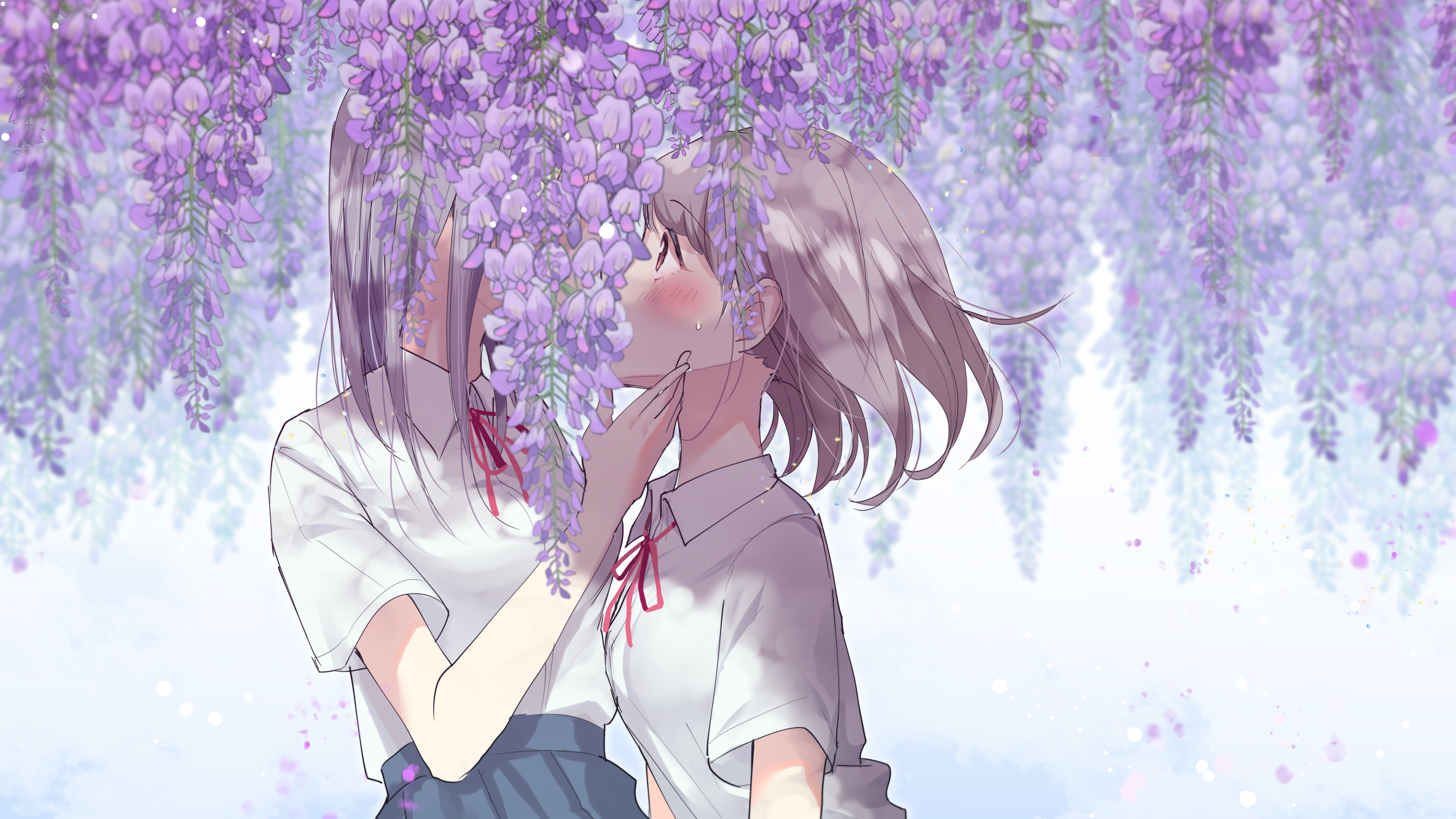 Anime 2370x1333 anime anime girls kissing short hair ribbon brown eyes flowers yuri