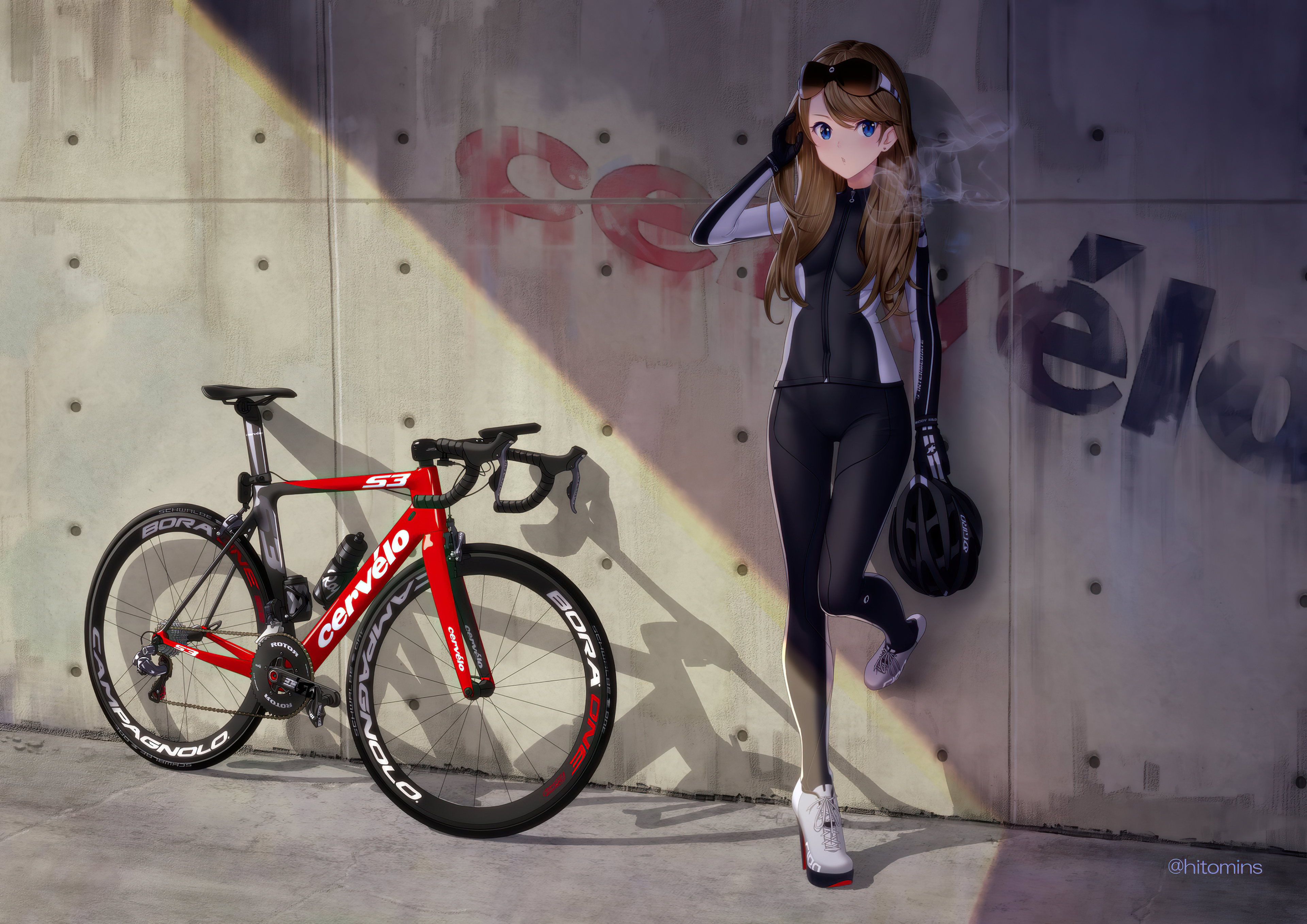 Anime 3840x2715 anime girls bodysuit bicycle blue eyes sunglasses sport hitomi kazuya helmet watermarked