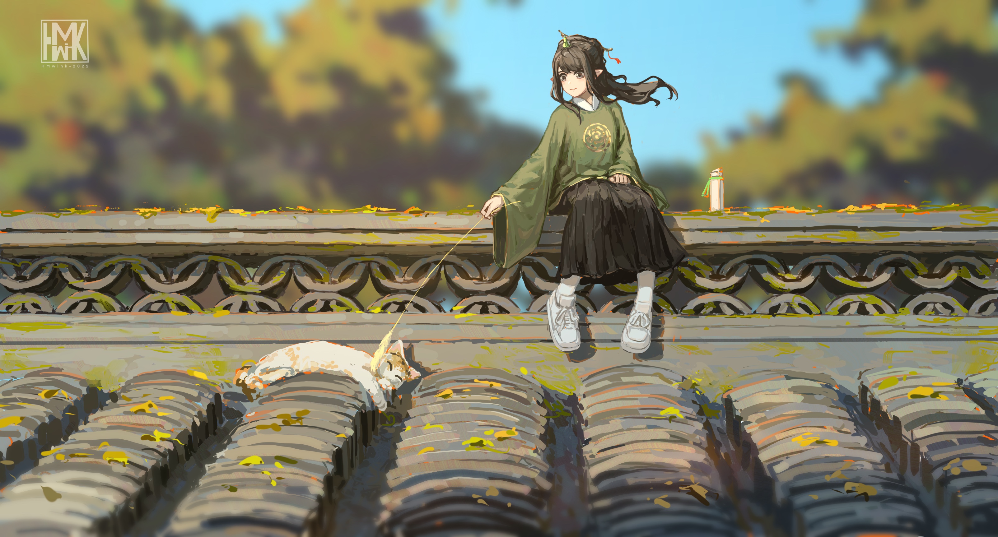 Anime 3208x1727 Hua Ming wink anime girls illustration original characters hanfu Chinese clothing Chinese architecture elves kittens cats sitting rooftops horns black hair black eyes tiles black dress animals women outdoors pointy ears watermarked