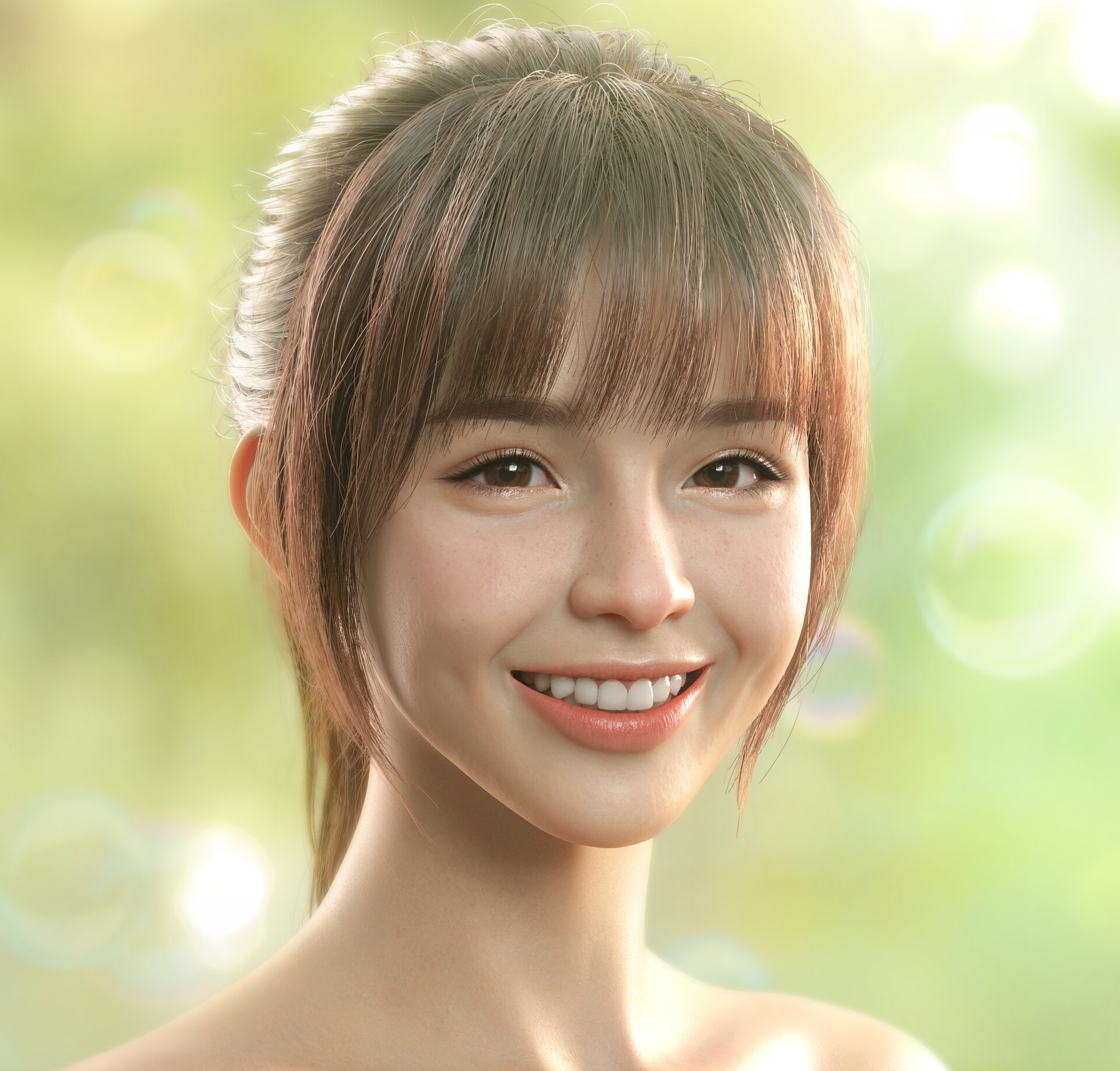 General 1920x1836 Euginnx_Wu CGI women Asian brunette bangs makeup eyeliner portrait smiling simple background