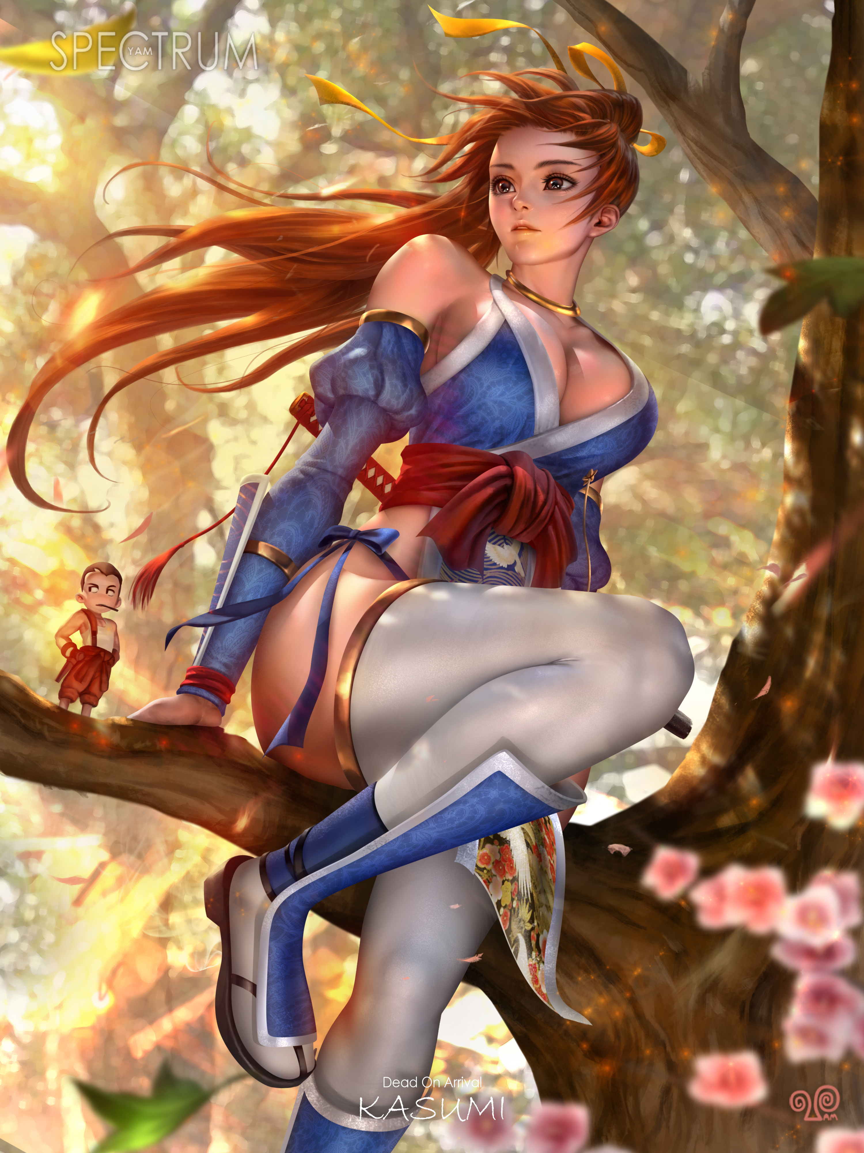 General 3000x4000 Kasumi (Dead or Alive) Dead or Alive video games video game girls fighting games ponytail cleavage stockings trees 2D artwork drawing fan art Mansik Yang chibi