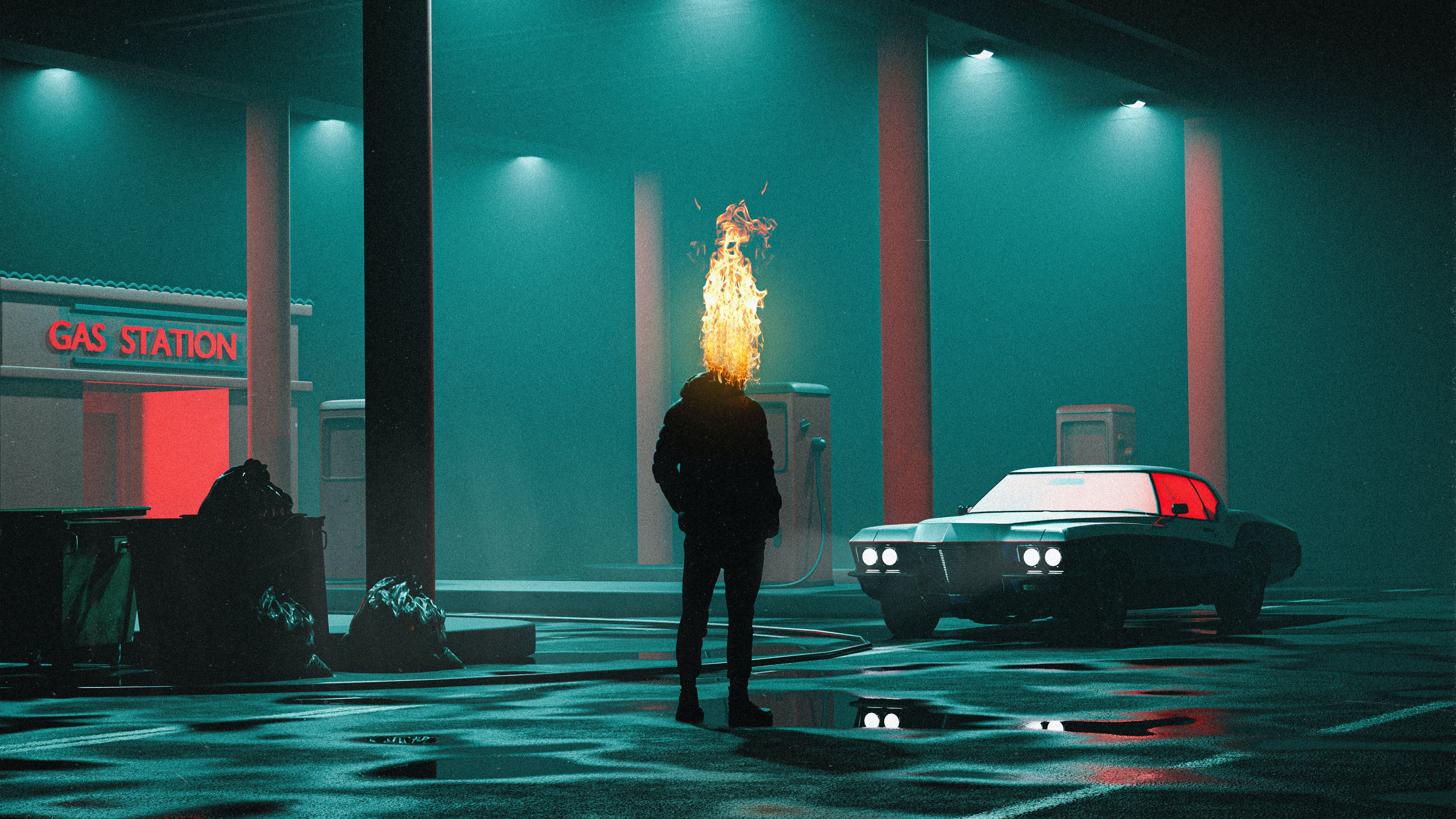 General 3840x2160 gas station digital art artwork fire reflection dark lights abstract car vehicle Ghost Rider