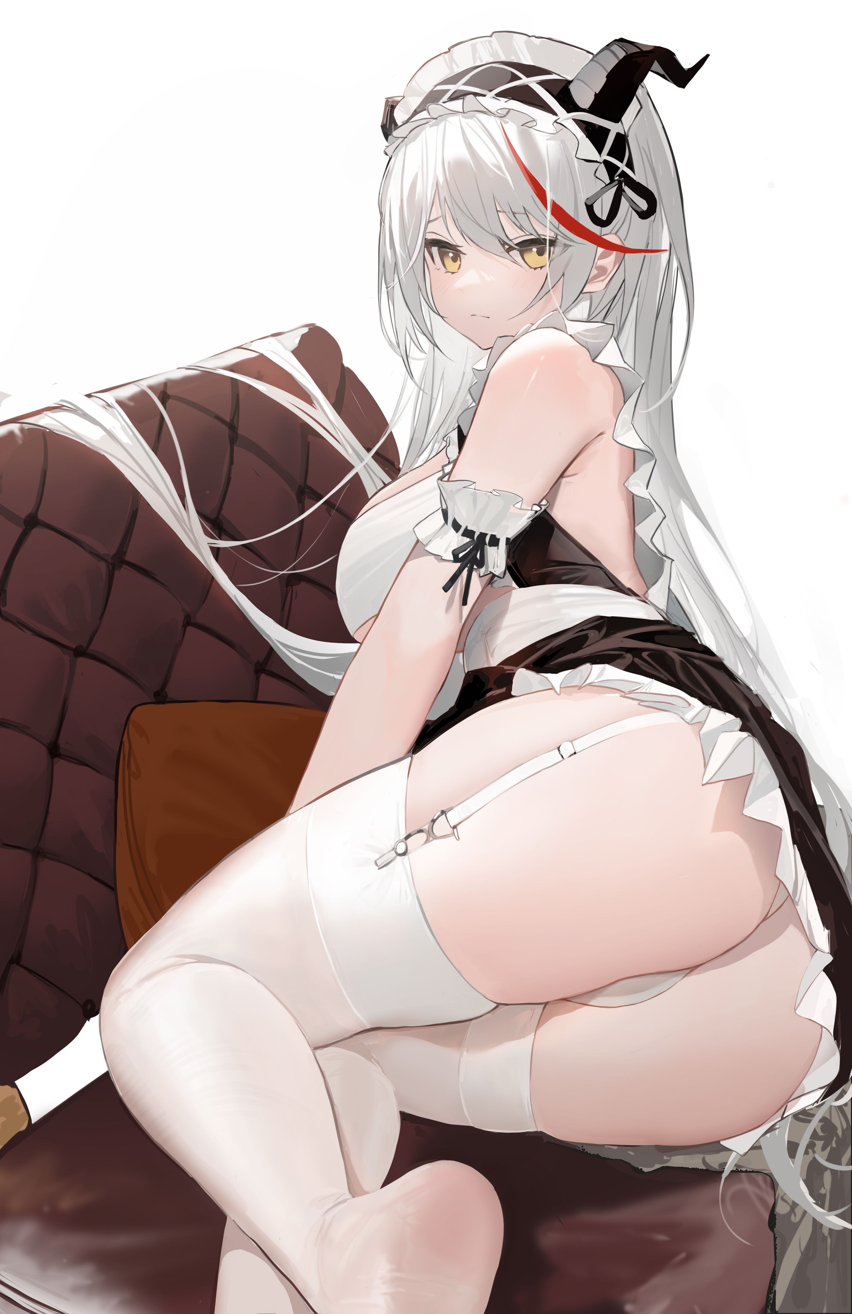 Anime 3217x4961 Azur Lane Ägir (Azur Lane) anime girls ass white hair horns upskirt stockings garter belt panties maid maid outfit anime
