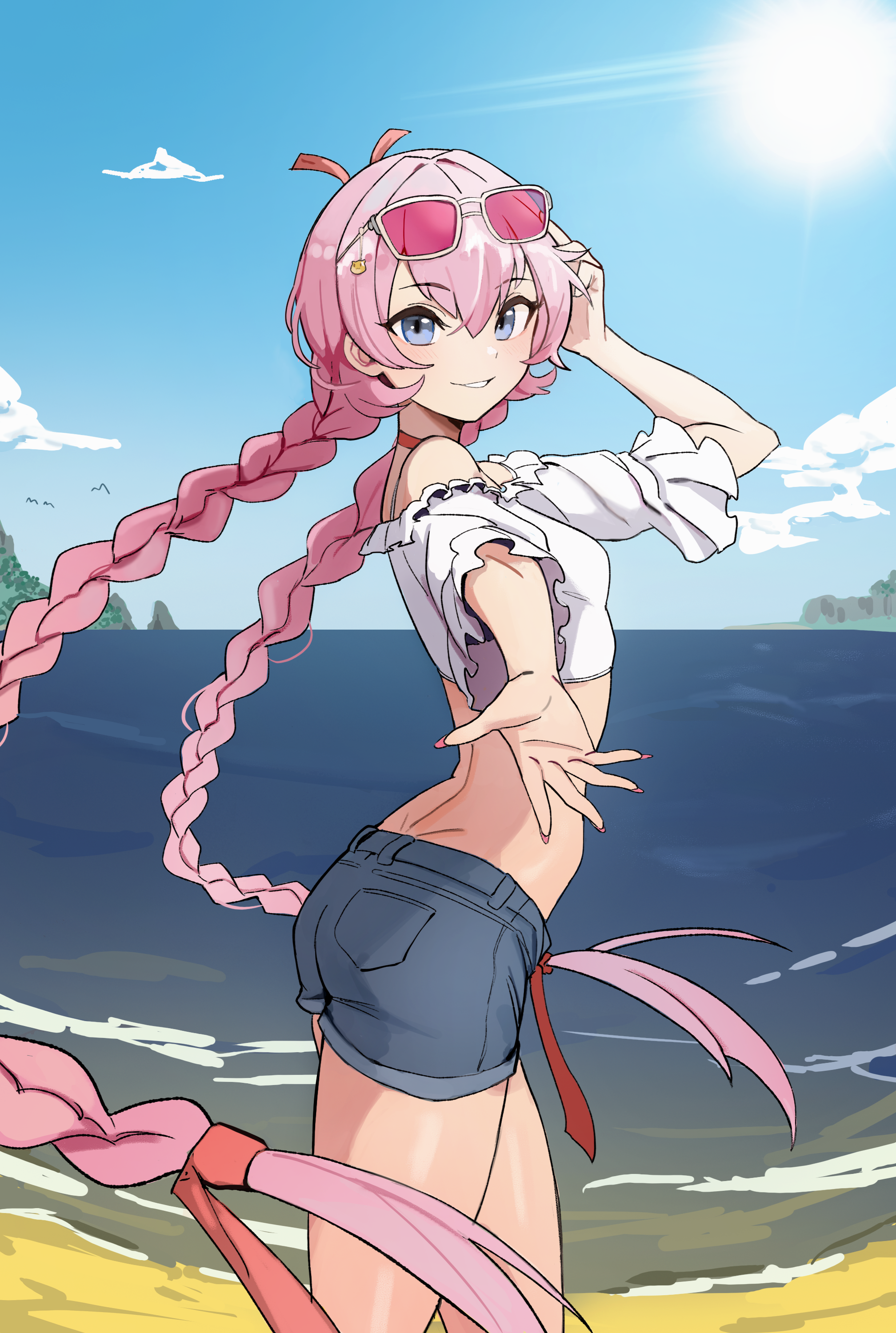 Anime 2016x3000 anime anime girls digital art 2D looking at viewer portrait display portrait belly belly button pink hair purple eyes glasses touching hair beach braids long hair