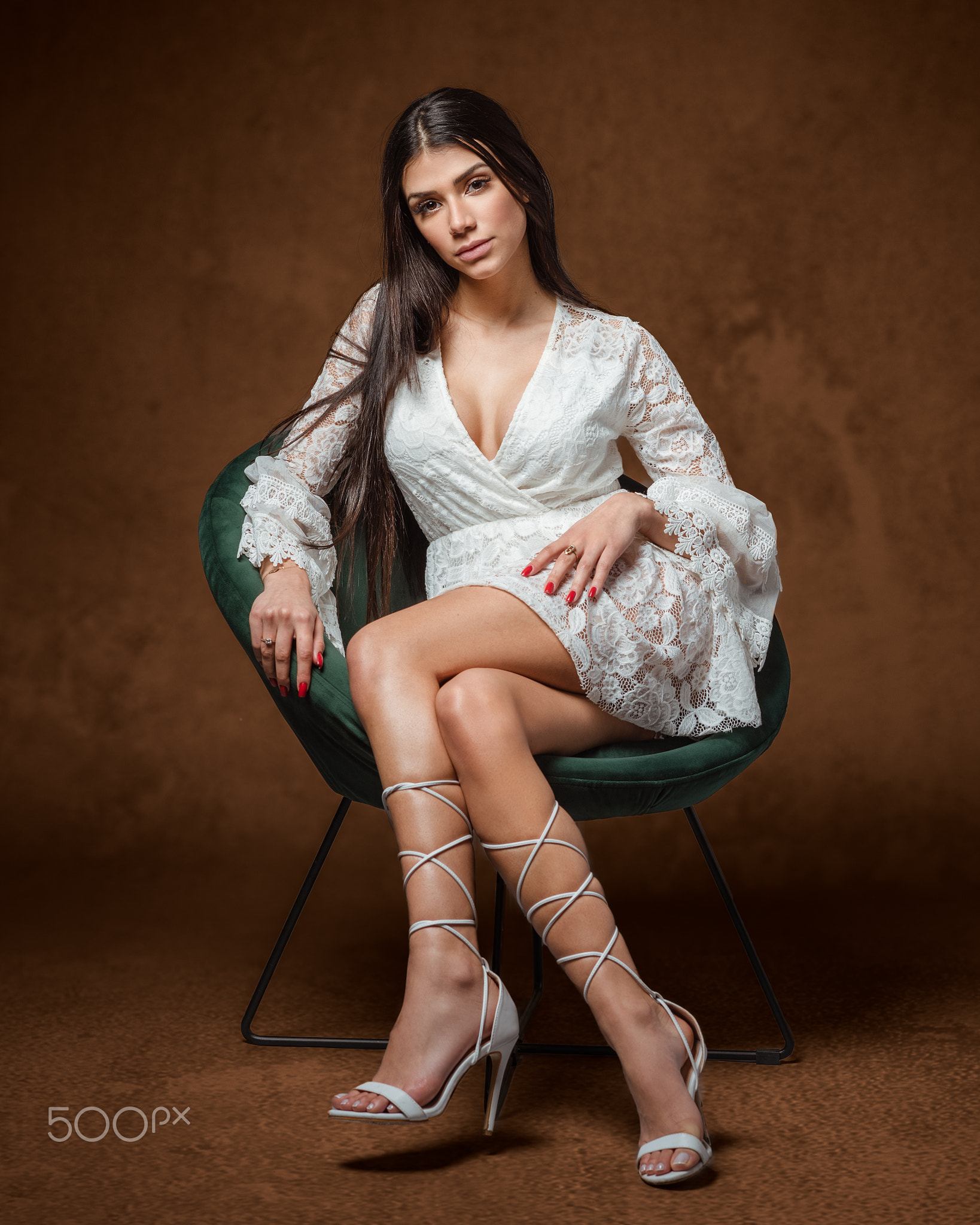 People 1638x2048 Michel Keppens women dark hair long hair straight hair looking at viewer dress white clothing lace legs crossed shoes chair brown eyes 500px white dress
