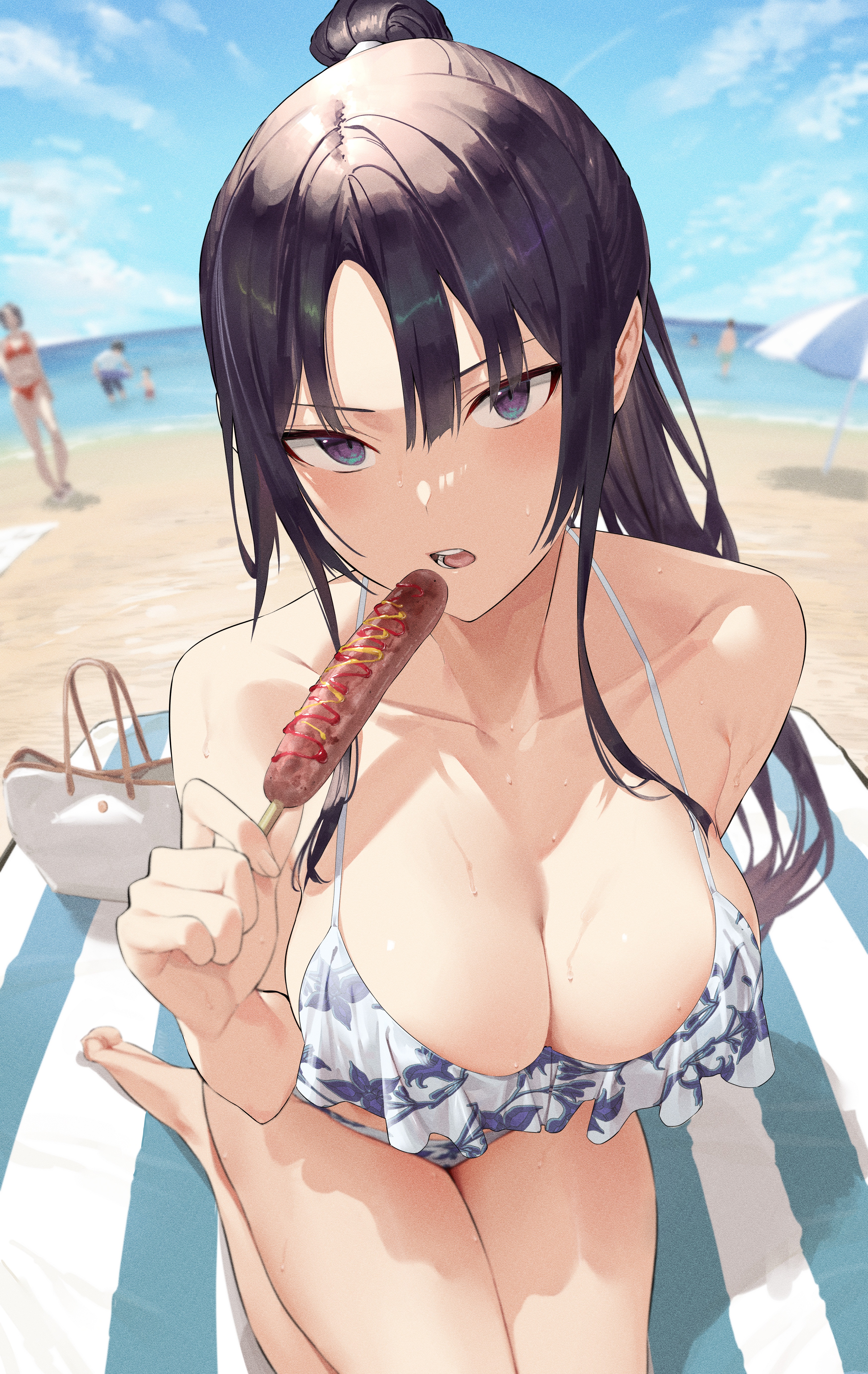 Anime 3498x5535 anime anime girls hot dogs cleavage big boobs bikini beach kneeling phallic symbol ponytail artwork Hiiragi Yuuichi dark hair blushing