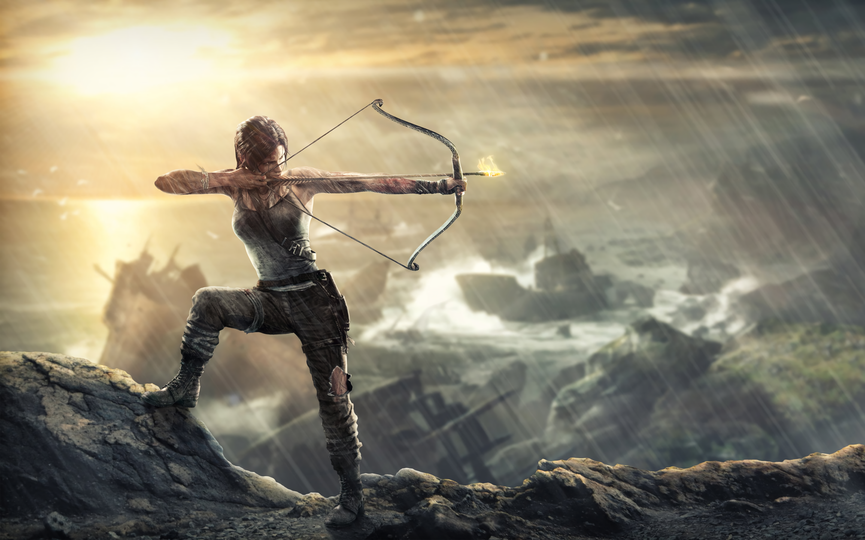 General 2880x1800 Tomb Raider video game art digital digital art video games sky clouds outdoors sunlight bow video game characters Lara Croft (Tomb Raider) bow and arrow aiming video game girls