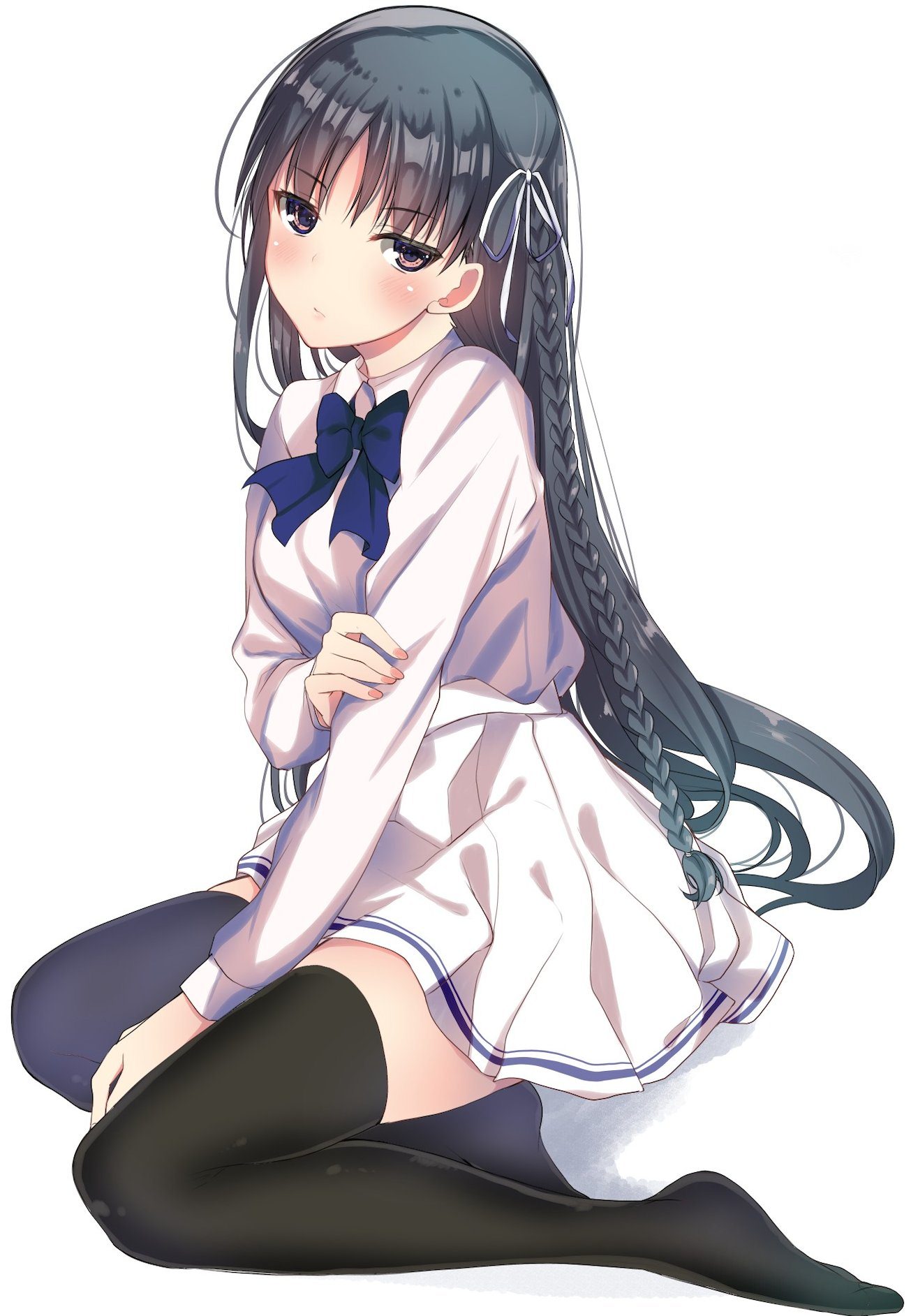 Anime 1305x1885 stockings pantyhose anime girls yu-yu Youkoso Jitsuryoku Shijou Shugi no Kyoushitsu e Horikita Suzune thigh-highs school uniform dark hair braids