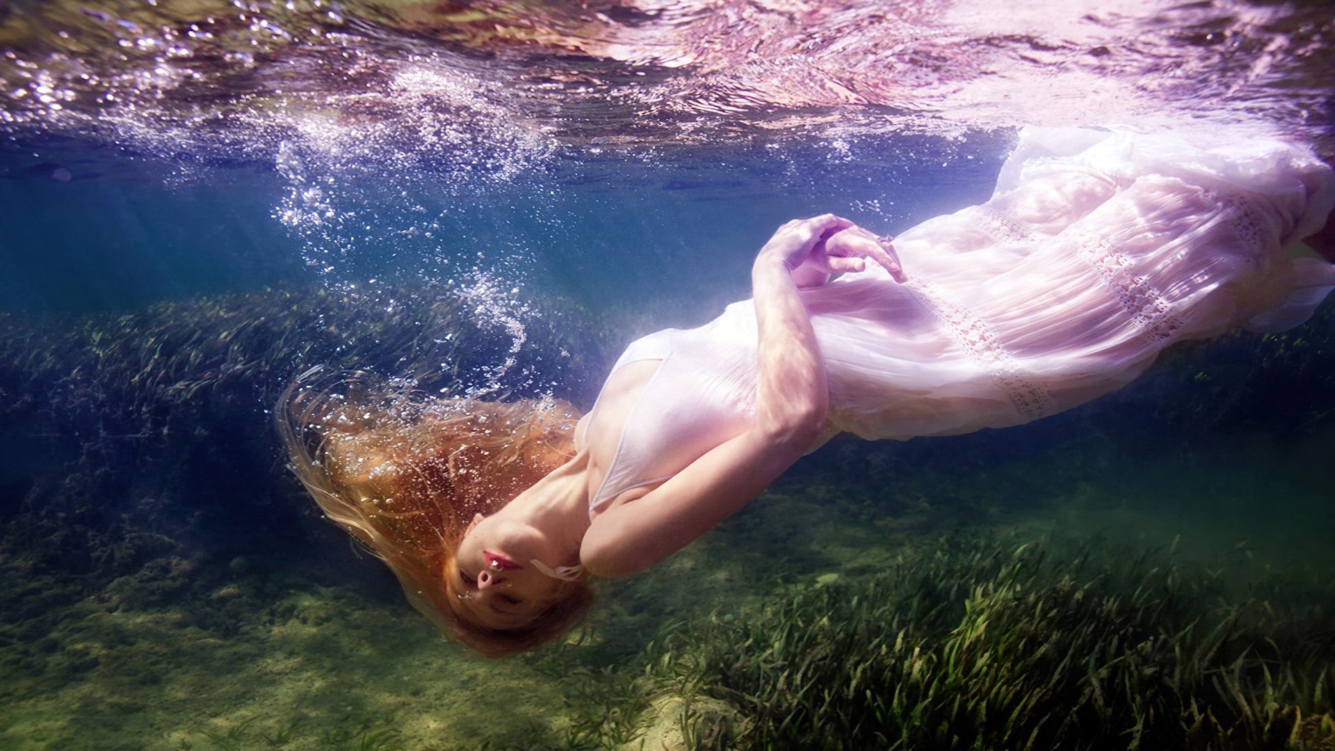 People 1920x1080 women underwater white dress blonde waves women outdoors nature outdoors bubbles open shirt nipples through clothing