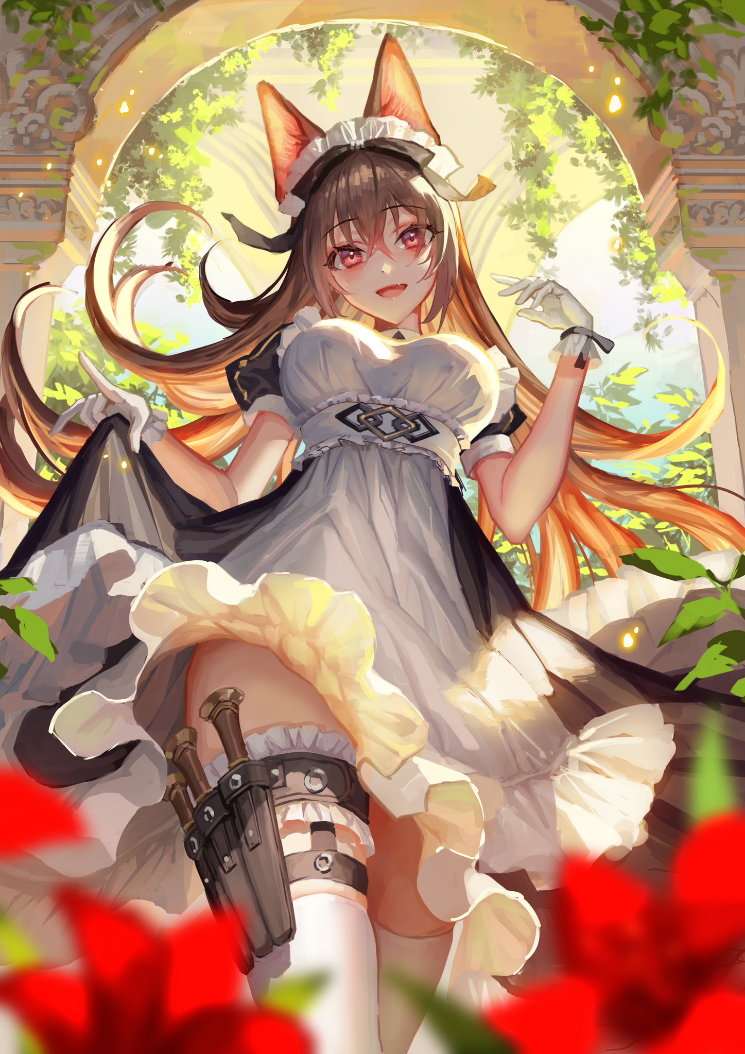 Anime 1447x2047 anime girls anime original characters cat girl cat ears animal ears brunette long hair bangs looking at viewer smiling fangs gloves maid maid outfit dress thigh strap knife stockings white stockings flowers bokeh low-angle artwork 2D illustration drawing digital art Mai Okuma frontal view