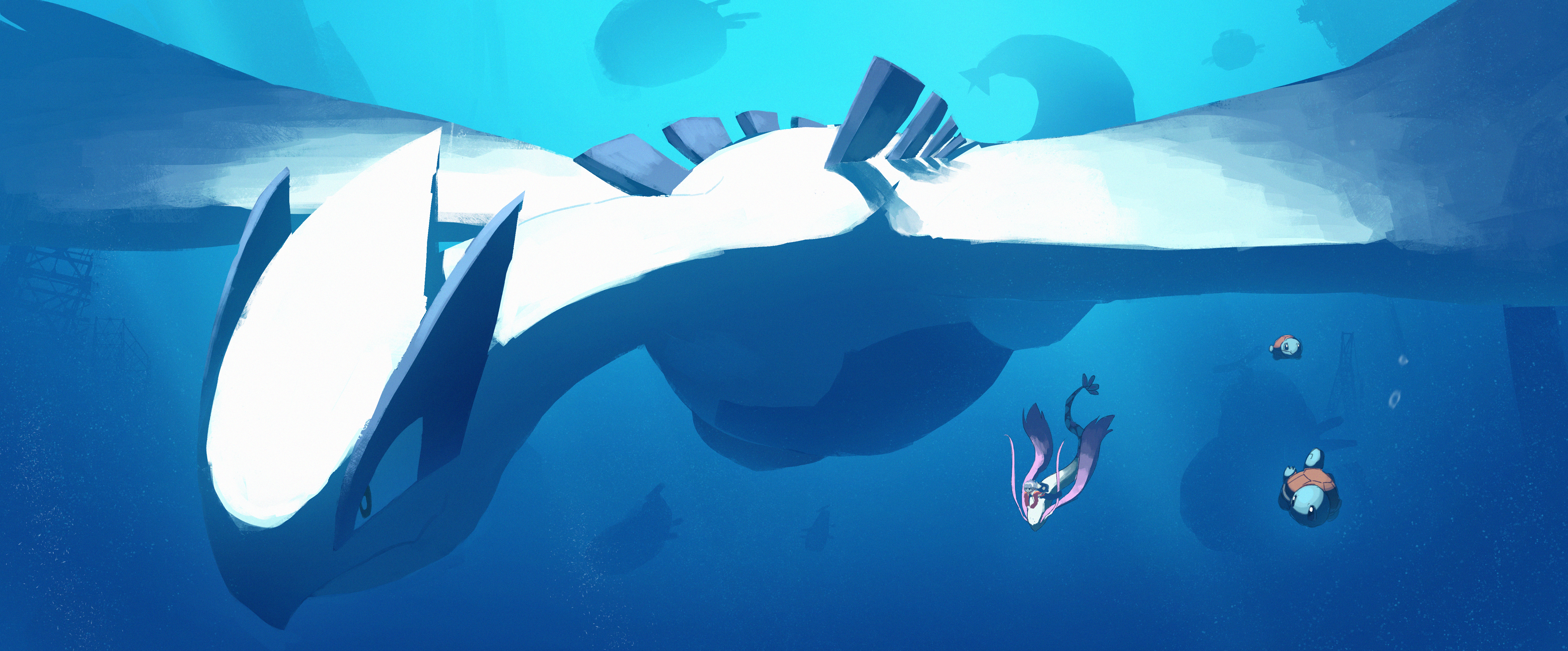 Anime 6000x2492 Asteroid (artist) Pokémon underwater anime Lugia Squirtle Milotic Wailord Pixiv