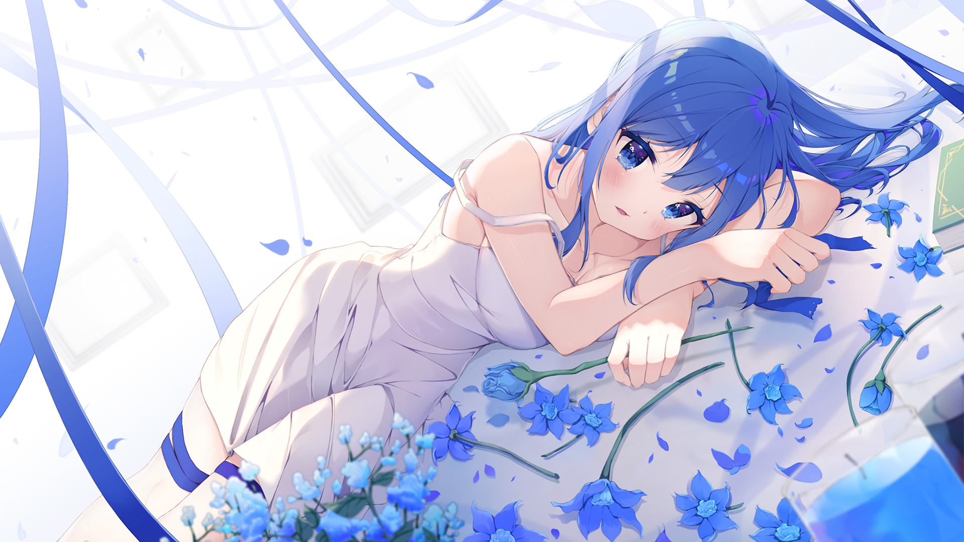 Anime 1920x1080 long hair flowers blue hair blue eyes blushing lying on side dress sun dress anime girls Keis