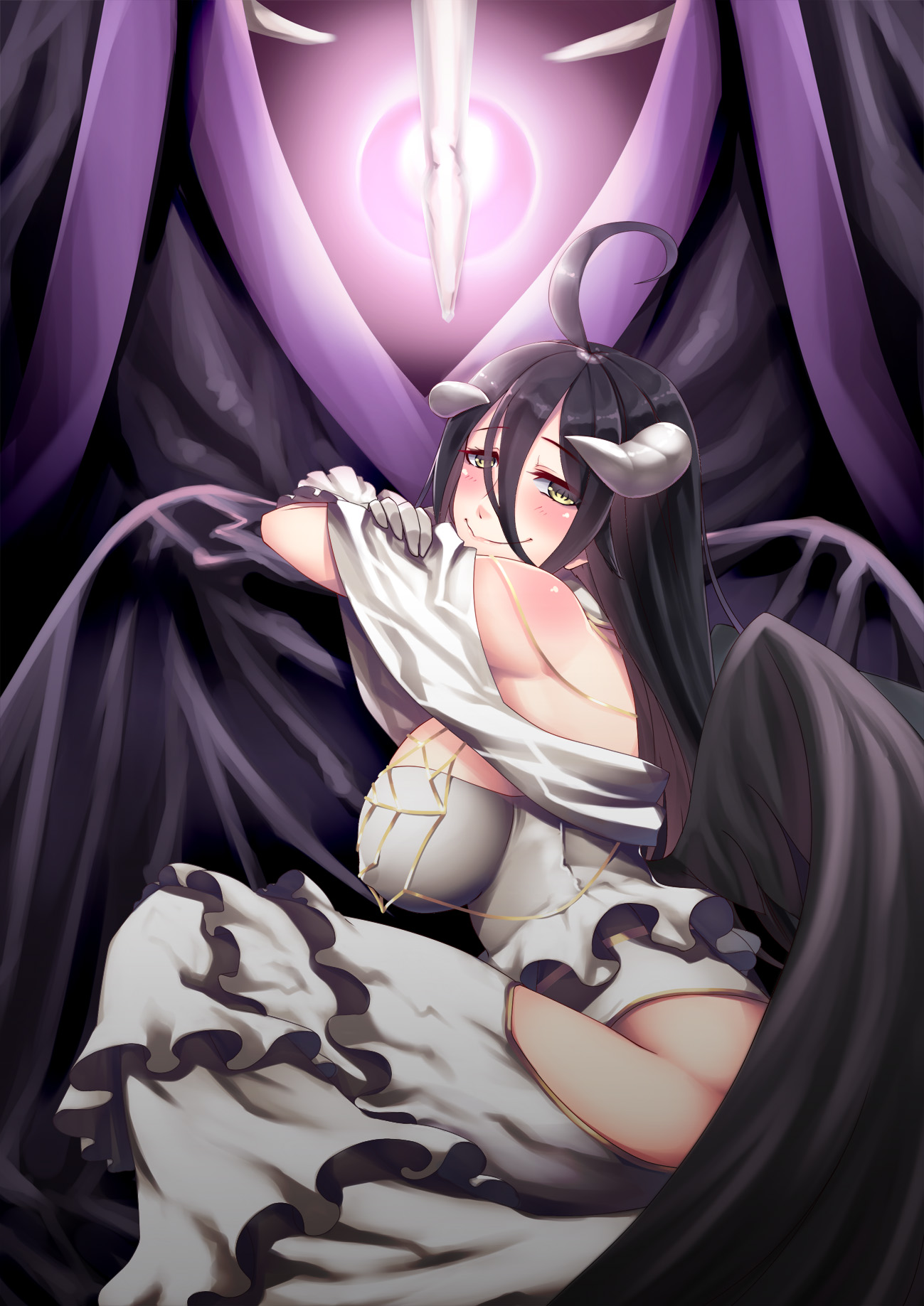 Anime 1299x1837 succubus Overlord (anime) anime girls demon girls big boobs cleavage no bra hard nipples sideboob thighs side view hair in face ahoge looking at viewer ecchi smiling embarrassed hanging boobs demon horns black wings yellow eyes bare shoulders white dress Albedo (OverLord) Ainz Ooal Gown anime portrait display bareback nopan thick ass fan art armpits curvy bent over thick thigh