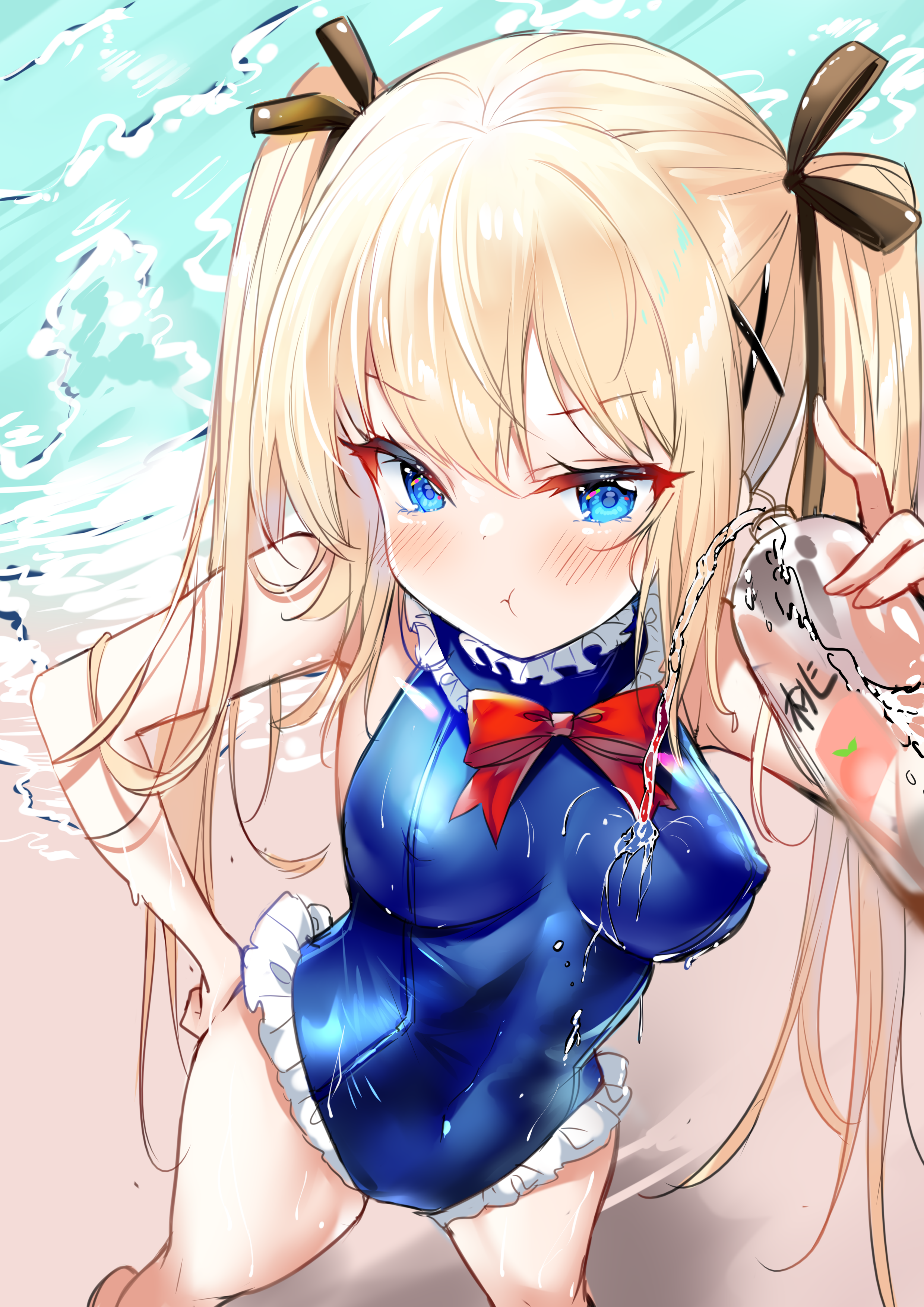 Anime 2480x3508 portrait display anime anime girls digital art artwork 2D Dead or Alive Hecha blonde twintails blue eyes pouting one-piece swimsuit hard nipples beach Marie Rose (Dead or Alive) boobs aqua eyes video games video game girls video game characters video game warriors wet clothing water bottle nipples through clothing long hair hands on ass