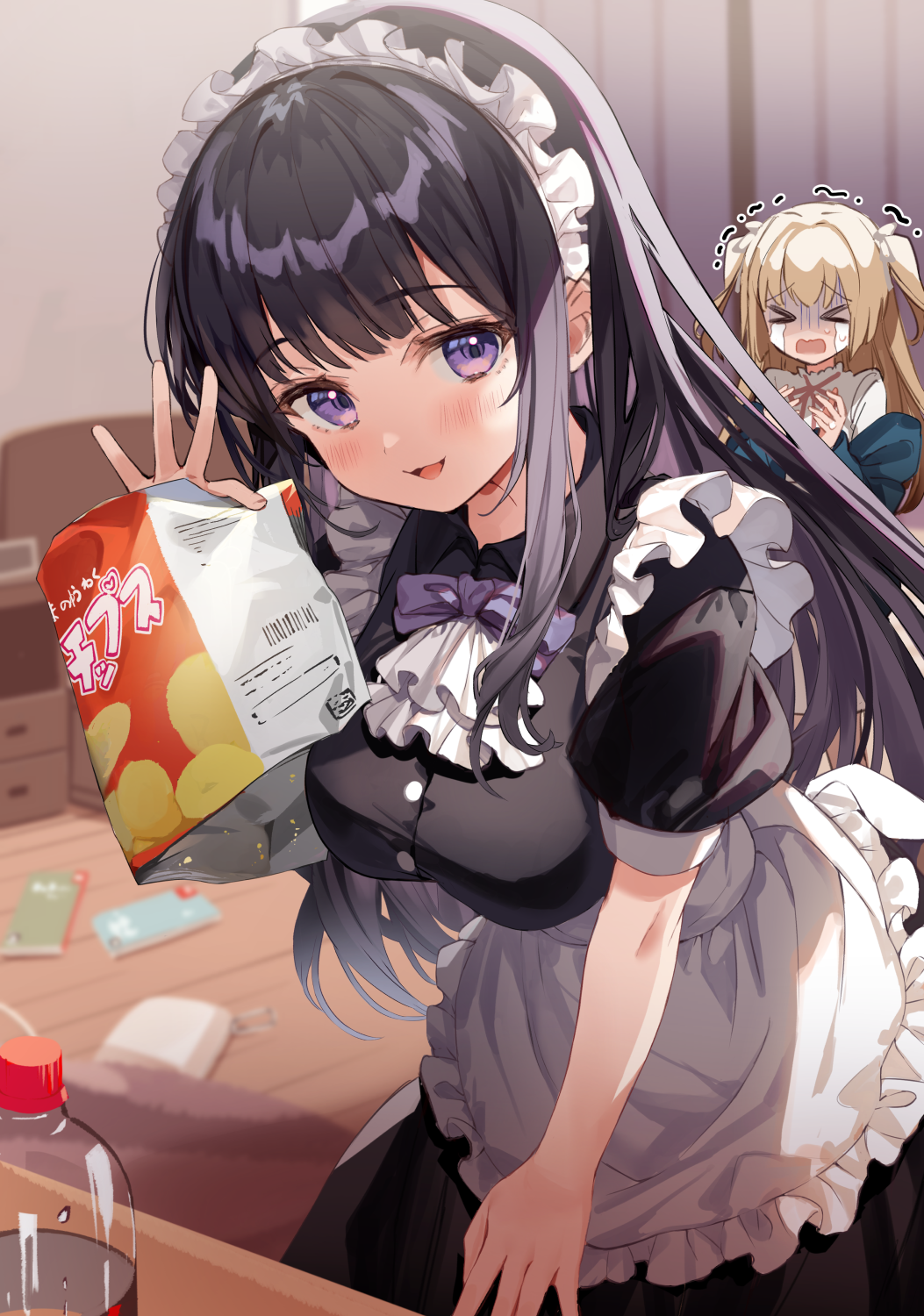 Anime 1053x1500 anime anime girls maid maid outfit portrait display purple eyes dark hair smiling big boobs Kanda Done