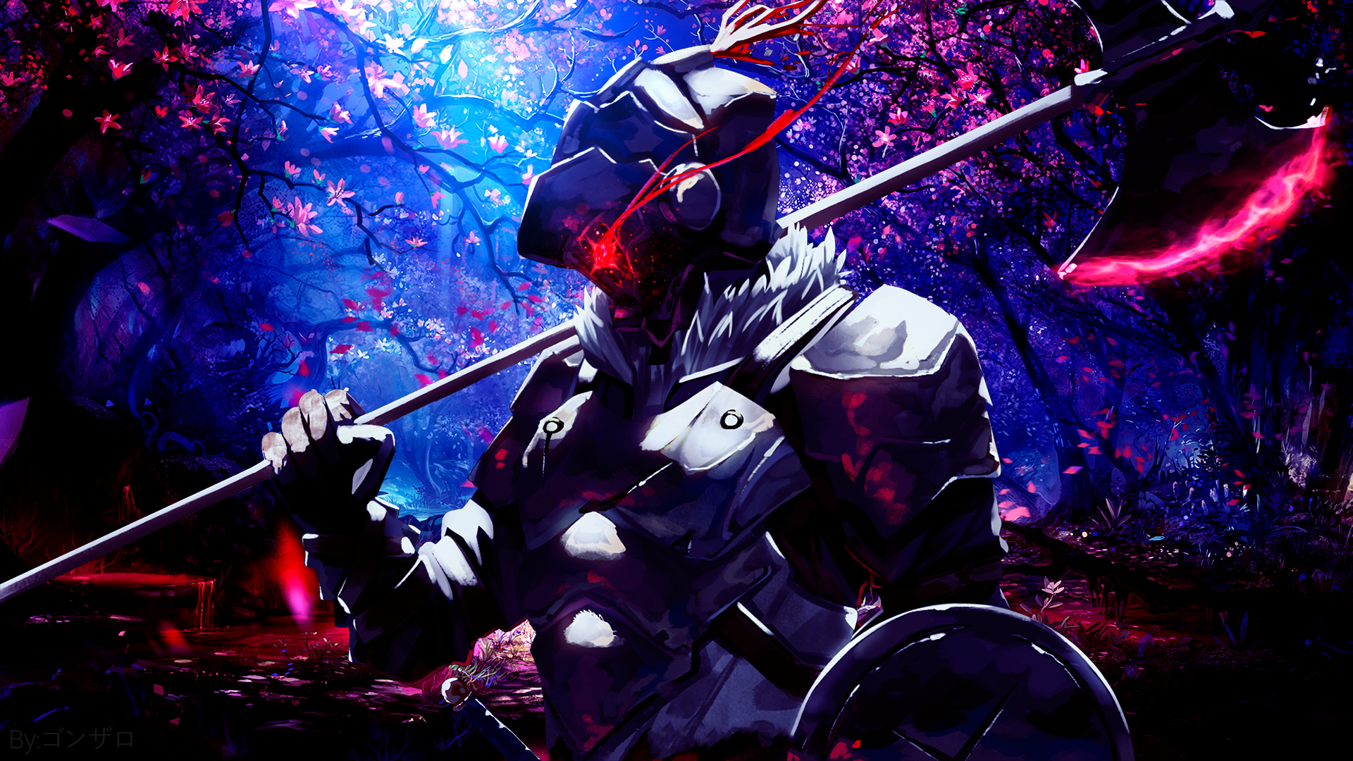 Anime 1920x1080 Goblin Slayer armor pink leaves cherry blossom axes glowing eyes profile