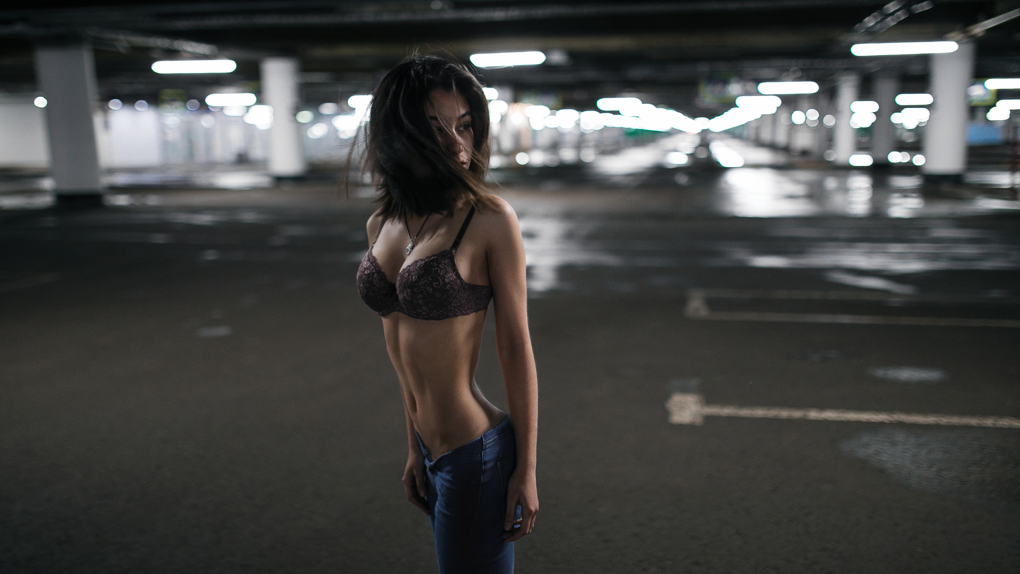 People 3242x1824 women model Maxim Gustarev bra parking depth of field jeans bare shoulders red bra