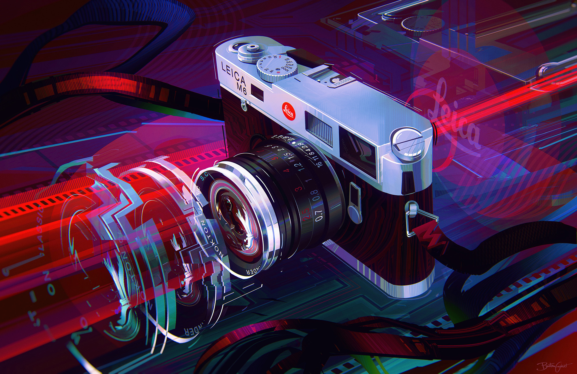 General 2000x1295 Bastien Grivet camera lens wires artwork digital art ArtStation red