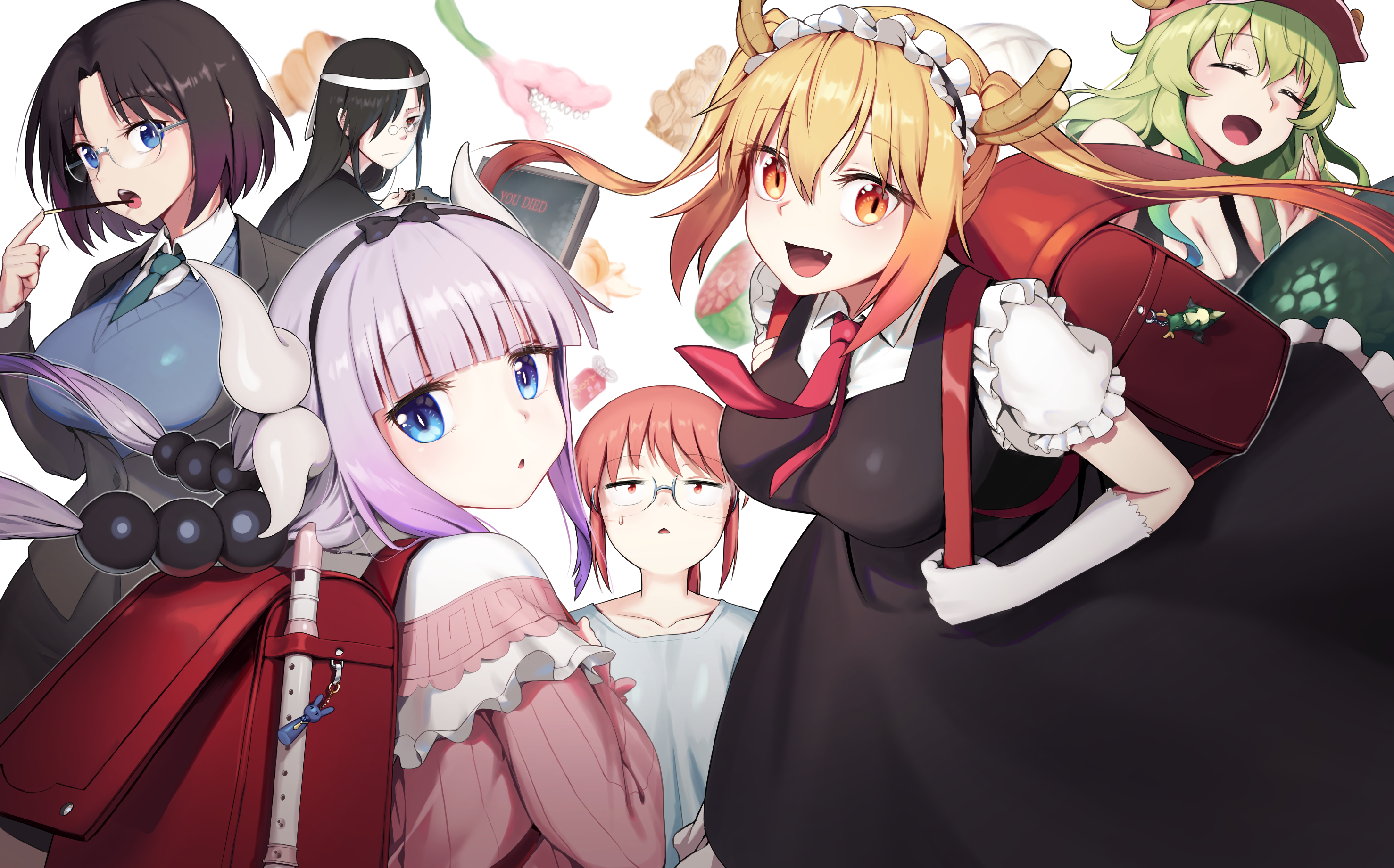 Anime 2956x1842 anime anime girls Tohru (Kobayashi-san Chi no Maid Dragon) Kanna Kamui (Kobayashi-san Chi no Maid Dragon) Lucoa (Kobayashi-san Chi no Maid Dragon) Kobayashi-san Chi no Maid Dragon Kobayashi (Kobayashi-san Chi no Maid Dragon) Fafnir (Kobayashi-san Chi no Maid Dragon) Elma Jouii (Kobayashi-San Chi no Maid Dragon) 2D drawing digital art blonde twintails long hair brown eyes maid horns maid outfit dragon girl redhead glasses tail red tie group of women blue eyes black hair pink hair multi-colored hair brunette green hair open mouth white background blunt bangs bob hairstyle wavy hair straight hair schoolbags