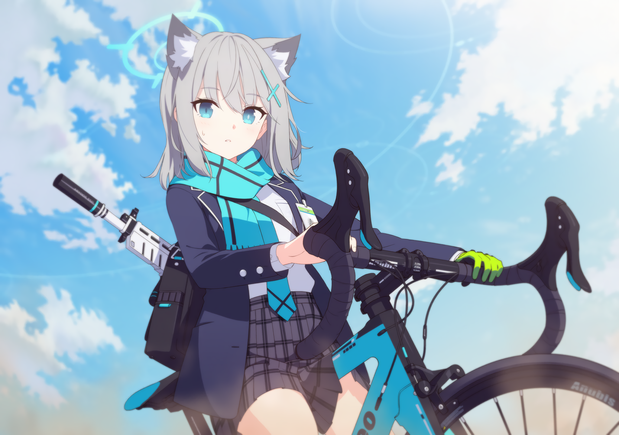 Anime 2048x1439 blue archive anime girls weapon bicycle women with bicycles vehicle blue eyes animal ears school uniform Shiroko (Blue Archive)