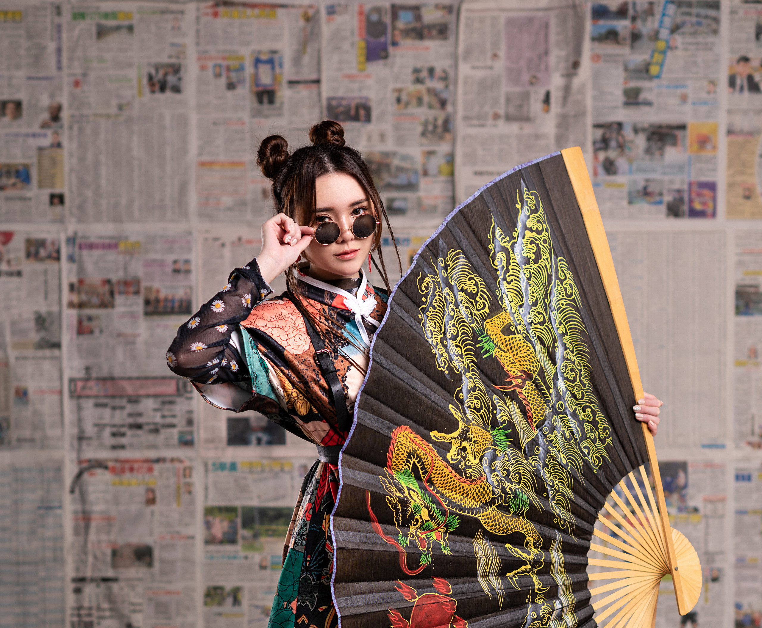 People 2560x2112 Asian model women brunette traditional clothing sunglasses hair knot hand fan newspapers women with shades