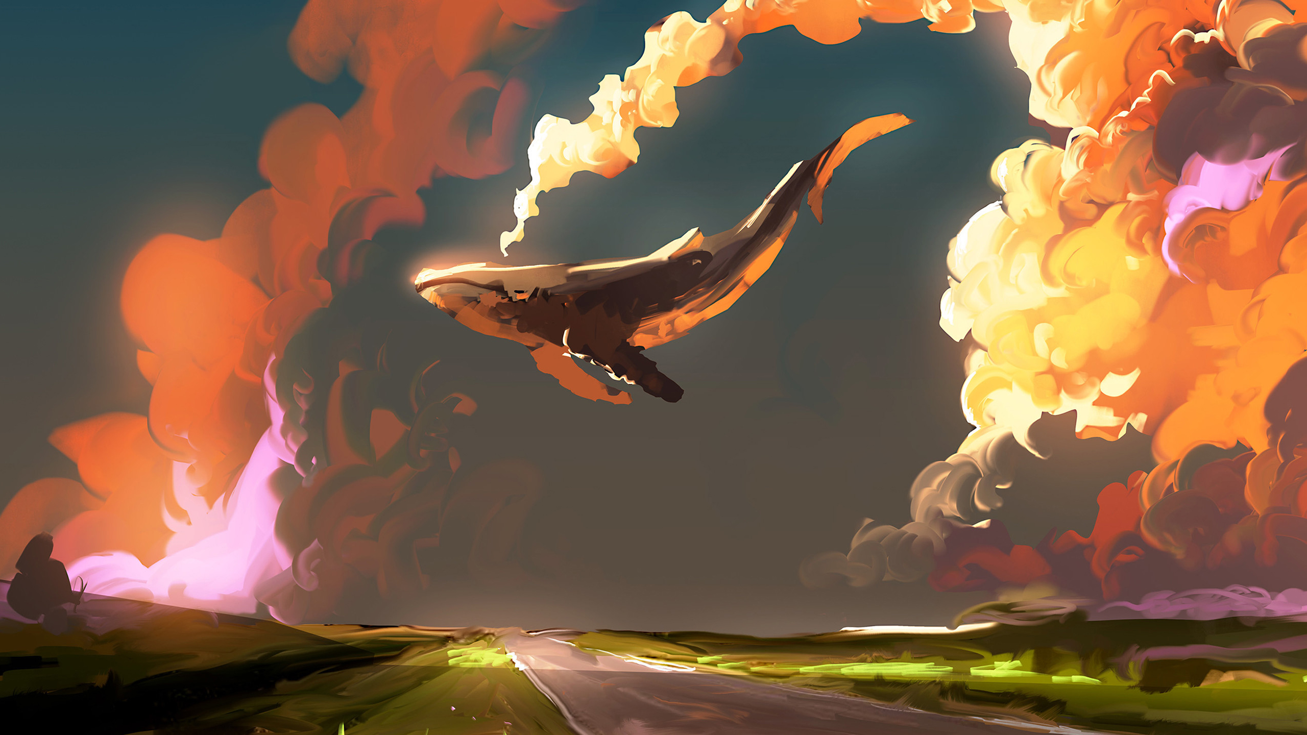 General 2560x1440 whale sky artwork fantasy art Dominik Mayer flying smoke road horizon