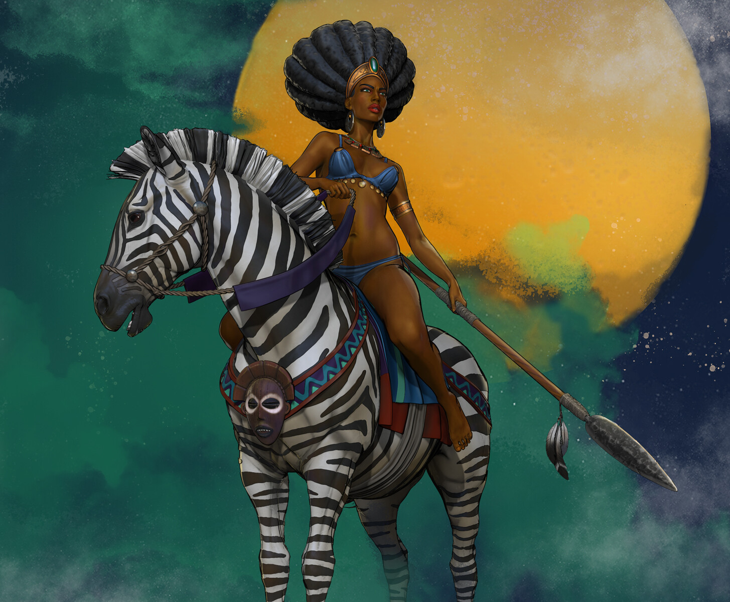 General 1455x1200 Gleb Fedorovskiy artwork women fantasy art fantasy girl zebras spear dark skin ebony women