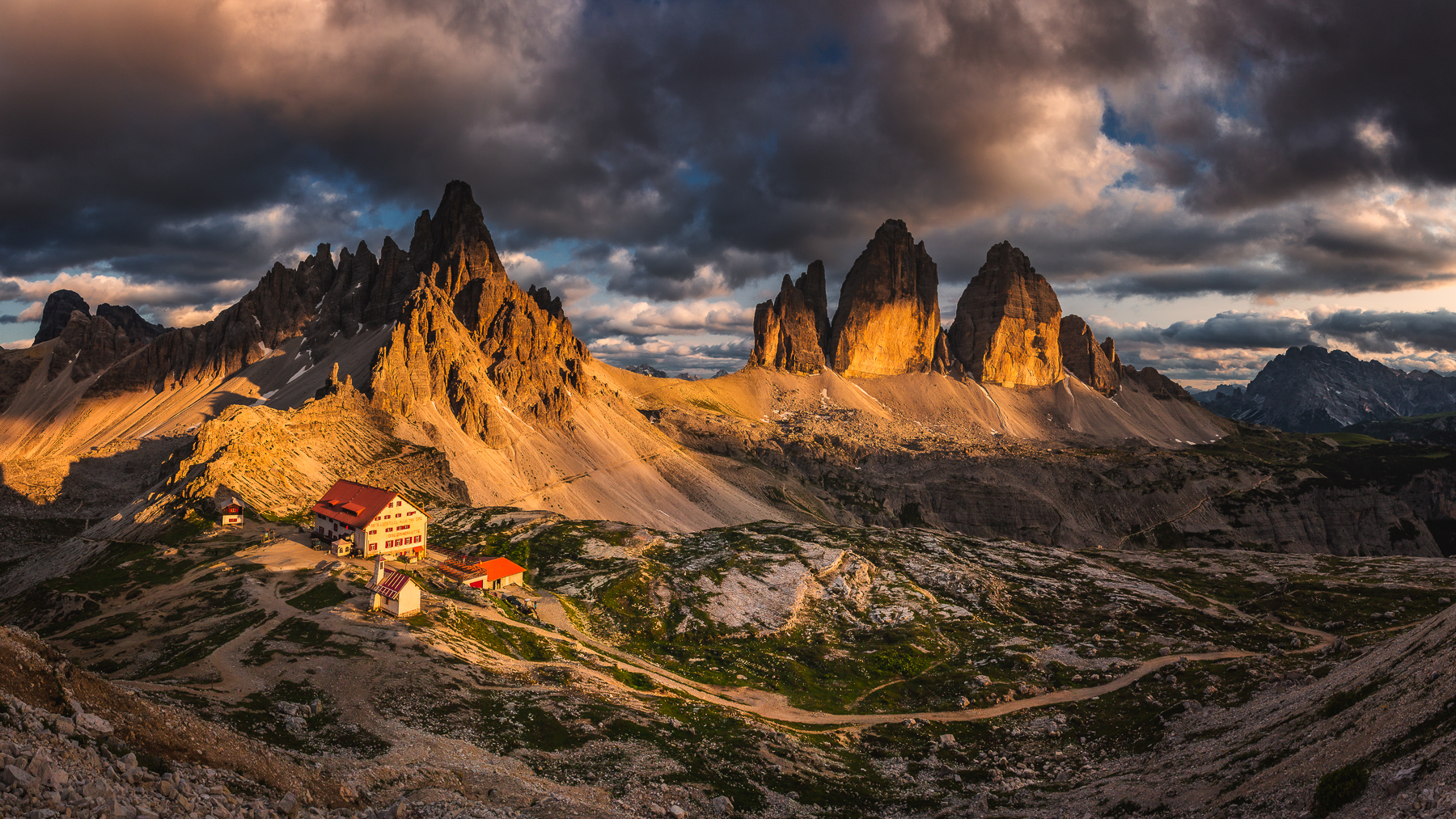 General 1800x1013 landscape nature Dolomites Italy mountains rocks clouds road sunlight