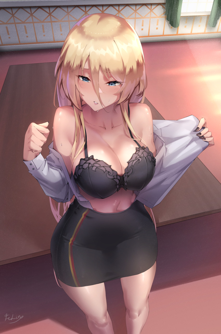 Anime 850x1284 anime anime girls Bismarck (Azur Lane) Azur Lane blonde undressing bra cleavage big boobs standing open shirt