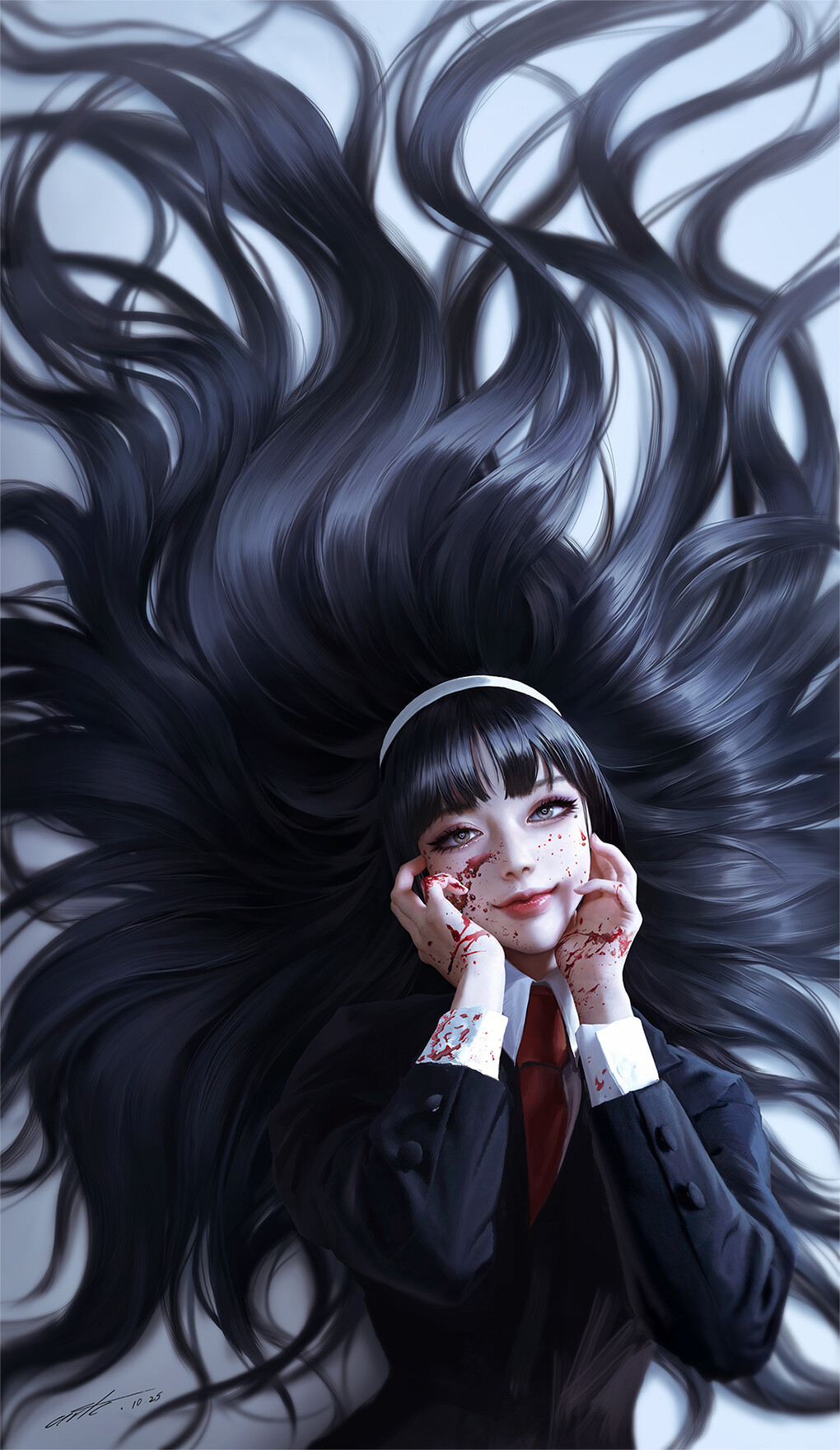Anime 1020x1761 Chen Wang drawing women dark hair long hair hairband bangs blood smiling necktie creepy