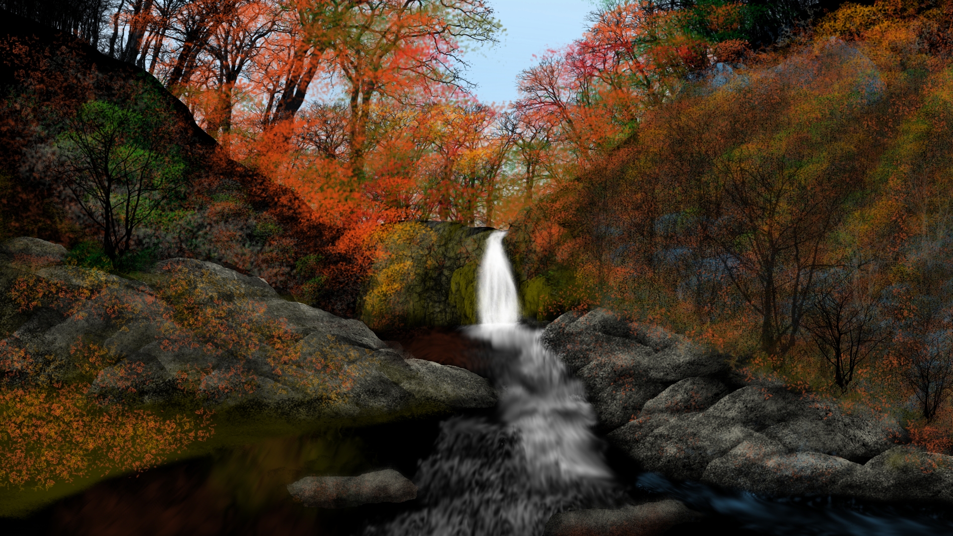 General 1920x1080 digital painting nature waterfall cliff