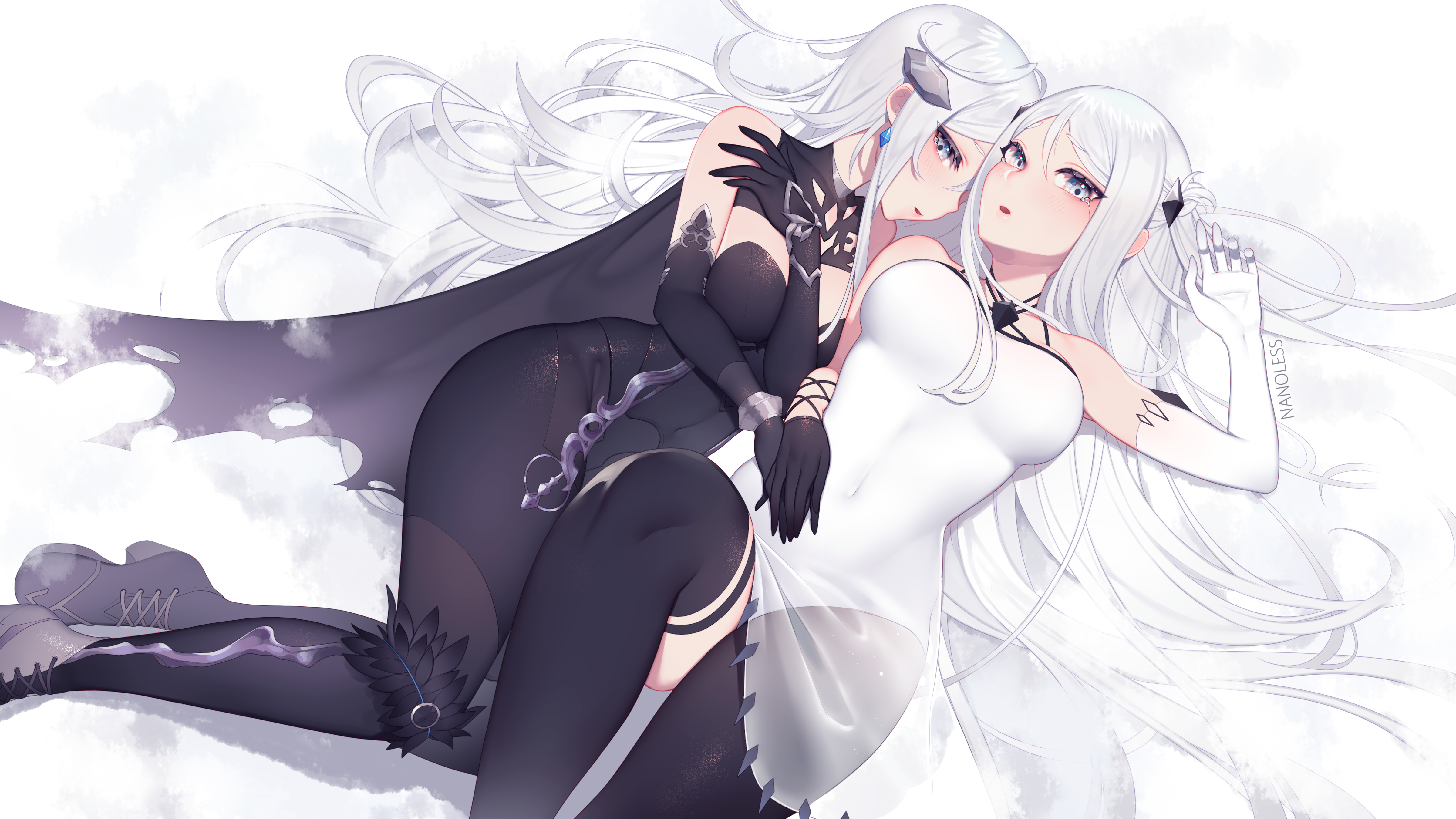 Anime 4800x2700 Chainbinders video games anime anime girls sisters white hair blushing looking at viewer dress elbow gloves lying on back stockings 2D artwork drawing illustration fan art Nanoless