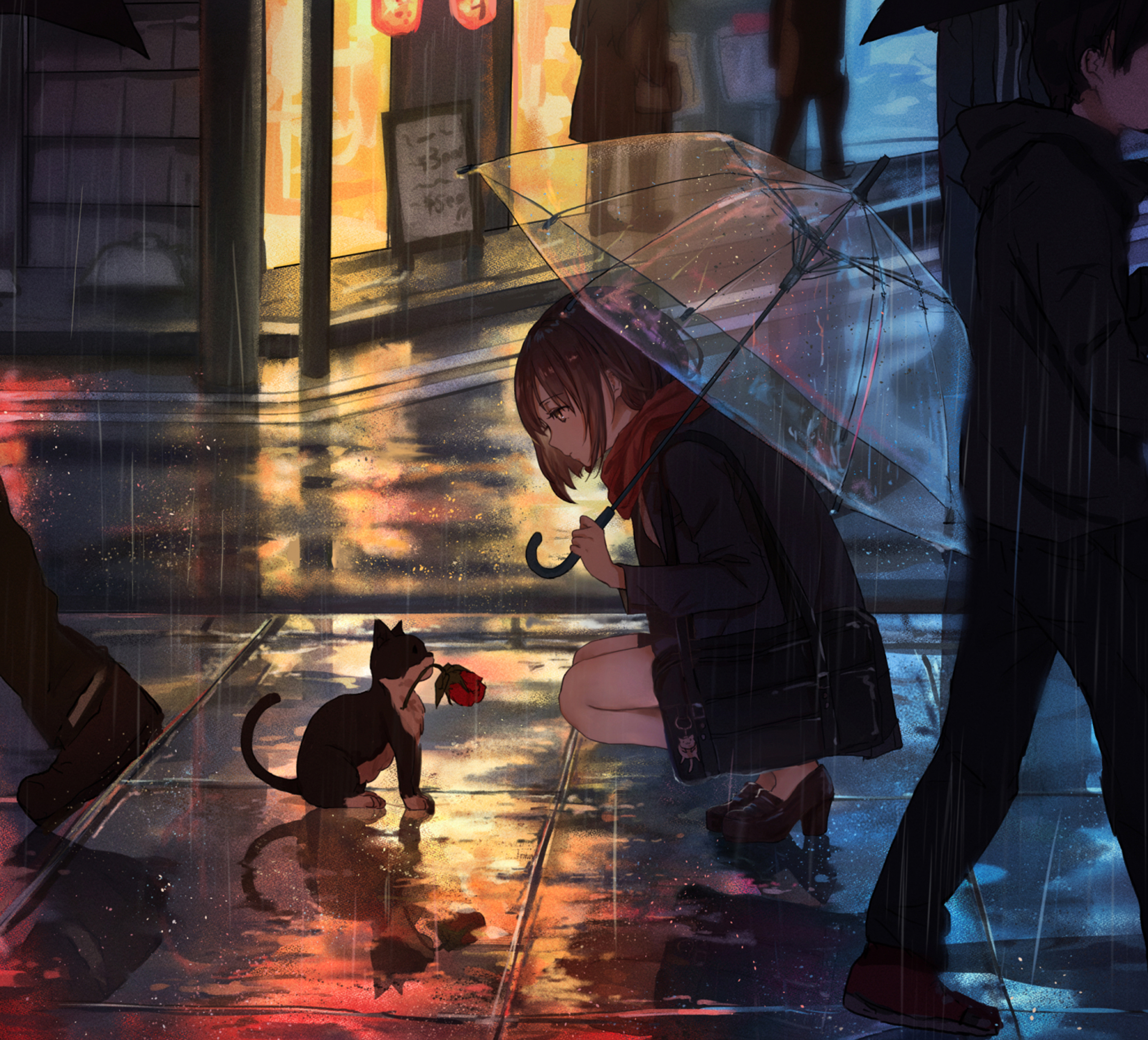 Anime 2560x2320 anime anime girls original characters umbrella rain cats brunette squatting artwork catzz