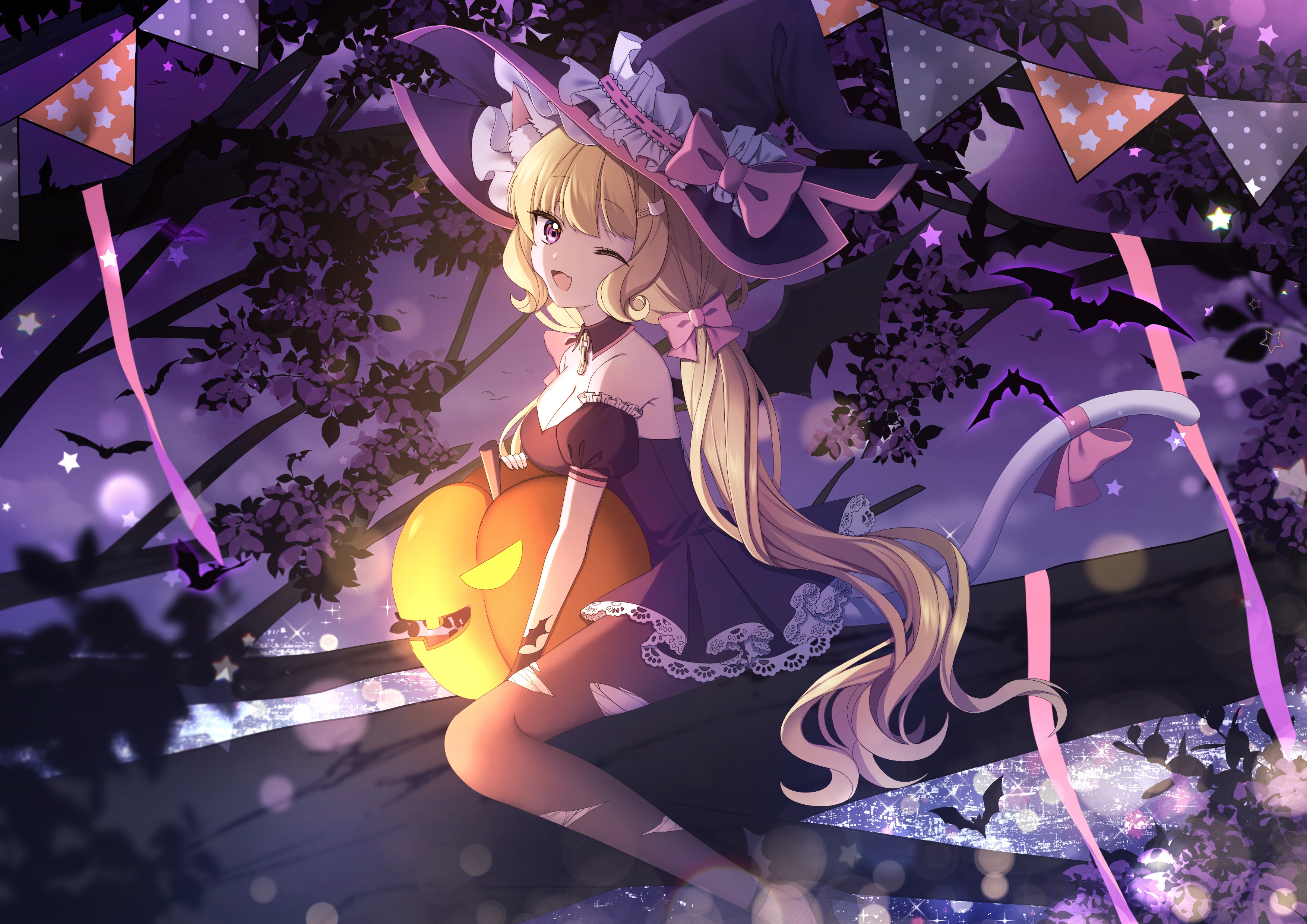 Anime 3508x2480 anime anime girls Halloween cat girl witch hat dress blonde long hair wink purple eyes
