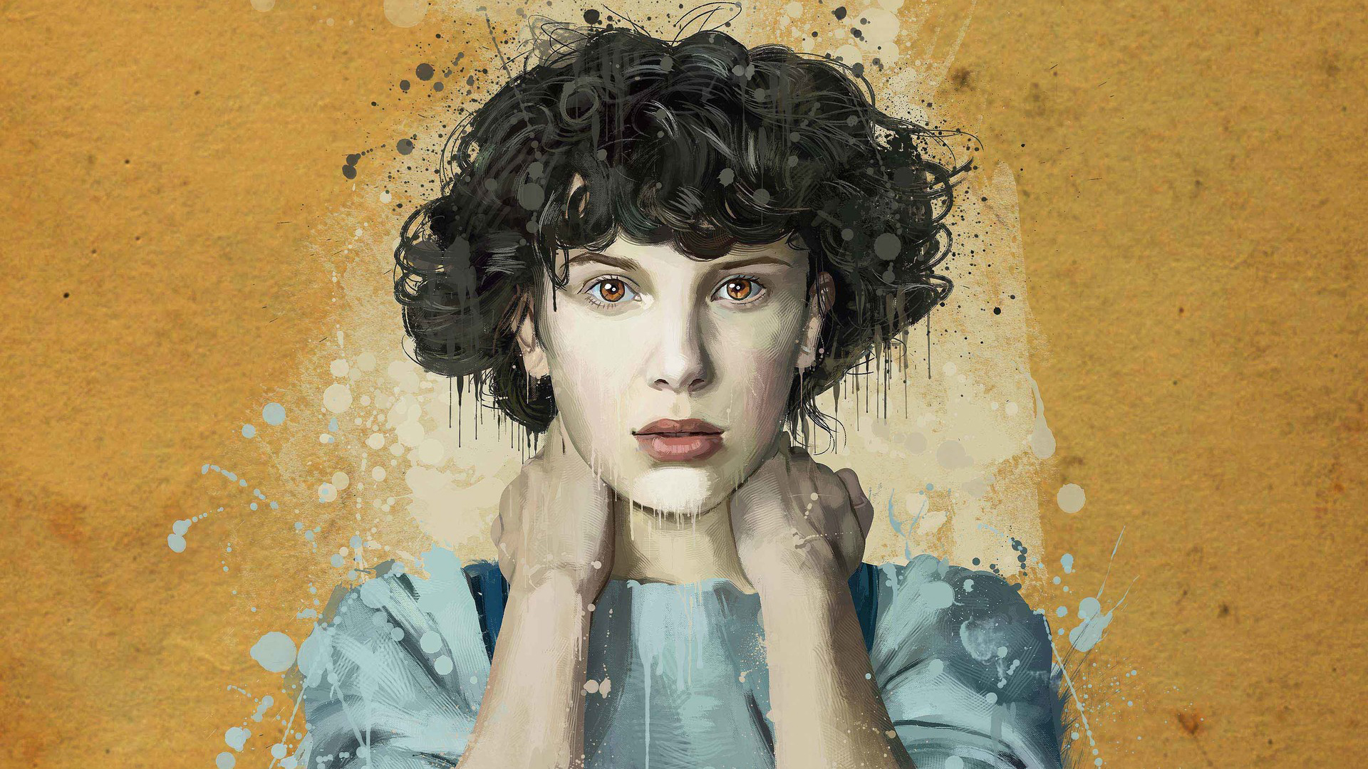 General 1920x1080 Eleven portrait curly hair short hair paint splatter brown eyes yellow background Stranger Things Netflix TV series fan art painting looking at viewer