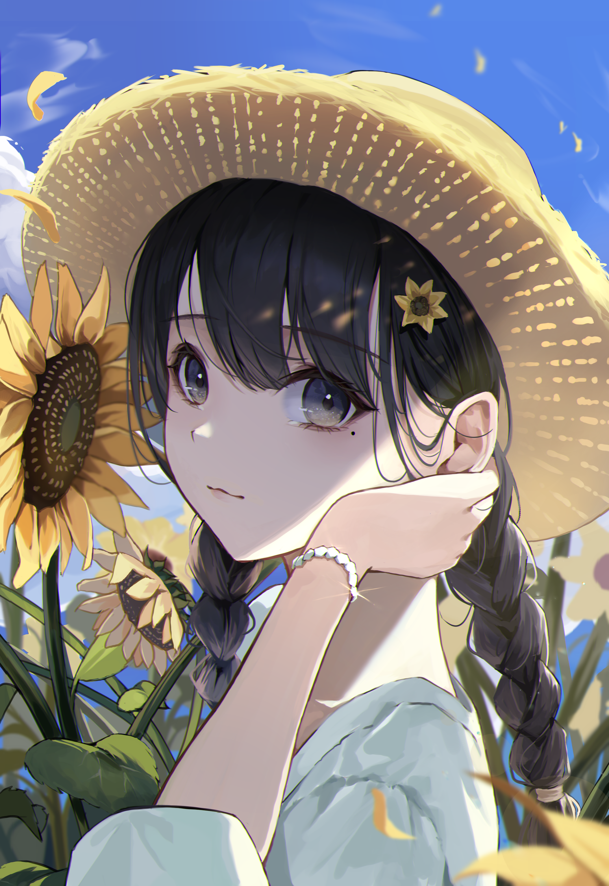 Anime 2107x3065 anime anime girls Huruyi artwork black hair braids black eyes straw hat sunflowers moles mole under eye