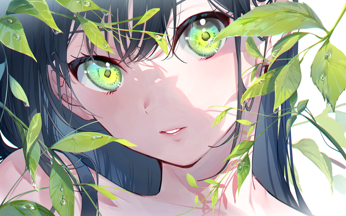 Anime 1416x885 anime girls anime green eyes plants dark hair face artwork miwano ragu